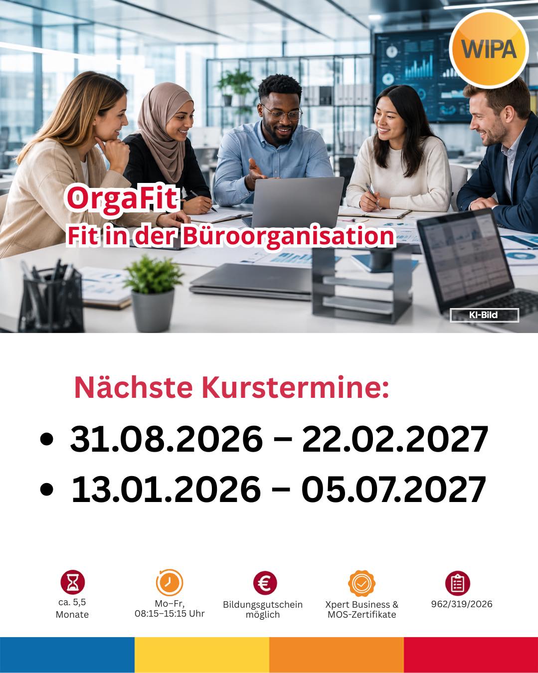 📚 Fit für den Büroalltag mit OrgaFit!
Du möchtest im Büro, in der Verwaltung oder in der kaufmännischen Sachbearbeitung arbeiten und deine Kenntnisse praxisnah erweitern? Mit OrgaFit – Fit in der Büroorganisation bereitest du dich gezielt auf den modernen Arbeitsalltag vor.
Du lernst unter anderem Büroorganisation, professionelle Geschäftskorrespondenz nach DIN 5008, Microsoft 365 mit Word, Excel, Outlook, PowerPoint und Teams, rechtliche Grundlagen sowie KI für Büro und Verwaltung. Dazu kommen berufsspezifisches Deutsch, Bewerbungstraining und praktische Aufgaben in einer kaufmännischen Übungsfirma mit Lexware oder DATEV.
🎓 Zusätzlich kannst du anerkannte Xpert Business- und MOS-Prüfungen absolvieren und deine neuen Kompetenzen mit Zertifikaten nachweisen.
📅 Nächste Kurstermine:
• 31.08.2026 – 22.02.2027
• 13.01.2027 – 05.07.2027
⏰ Mo.–Fr., 08:15–15:15 Uhr
📍 WIPA Berlin
💶 Förderung mit Bildungsgutschein möglich
Interesse geweckt? Buche jetzt deinen kostenlosen Beratungstermin und informiere dich über deine Möglichkeiten!
📞 030 557414 24
📧 amdl@wipa-berlin.de
🌐 www.wipa.berlin
#OrgaFit #WeiterbildungBerlin #Büroorganisation #Büromanagement #KaufmännischeWeiterbildung