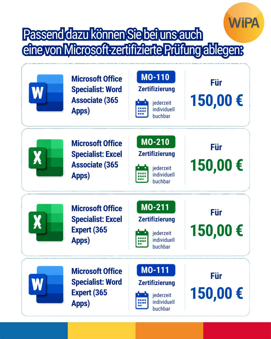 Nur ein Tag – mehr Sicherheit im Büroalltag! 💻✨
Mit unseren Microsoft Office Tagesschulungen in Berlin-Lichtenberg erweitern Sie Ihre Kenntnisse in Word und Excel schnell, praxisnah und direkt anwendbar. Ob Anfänger*in oder Fortgeschrittene*r: In unseren Office-Schulungen lernen Sie wichtige Funktionen, hilfreiche Tipps & Tricks und praktische Anwendungen für Büro, Verwaltung und kaufmännische Tätigkeiten.
📅 Alle Kurse finden von 08:30 bis 15:30 Uhr statt
🟢 Microsoft Excel für Fortgeschrittene
02.09.2026 | 30.09.2026 | 28.10.2026
595,00 €
🔵 Microsoft Word für Anfänger
09.09.2026 | 07.10.2026 | 22.10.2026
476,00 €
🔵 Microsoft Word für Fortgeschrittene
16.09.2026 | 14.10.2026 | 29.10.2026
595,00 €
🟢 Microsoft Excel für Anfänger
23.09.2026 | 21.10.2026
476,00 €
✅ Ihre Vorteile auf einen Blick:
• kompakter Wissenstransfer
• praxisnahe Inhalte
• persönliche Betreuung
• mehr Effizienz und Zeitersparnis im Arbeitsalltag
🎓 Nach der Schulung erhalten Sie ein Teilnehmerzertifikat.
🏅 Zusätzlich buchbar: Microsoft Office Specialist (MOS) Zertifizierungen
• MO-110 Word Associate – 150,00 €
• MO-210 Excel Associate – 150,00 €
• MO-211 Excel Expert – 150,00 €
• MO-111 Word Expert – 150,00 €
Die Microsoft-Zertifizierung ist jederzeit individuell buchbar und ein wertvoller Nachweis Ihrer digitalen Kompetenzen.
📍 Ort der Schulung:
WIPA Berlin – Standort Lichtenberg
Möllendorffstraße 48
10367 Berlin
📞 030 557414-0
✉️ info@wipa-berlin.de
👉 Jetzt auf www.wipa.berlin unter Kaufmännische Weiterbildung Ihre passende Word-Schulung, Excel-Schulung oder Microsoft Office Weiterbildung auswählen und direkt buchen!
#MicrosoftOffice #MicrosoftWord #MicrosoftExcel #WordSchulung #ExcelSchulung #OfficeSchulung