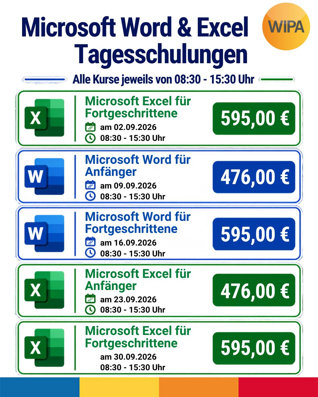 Nur ein Tag – mehr Sicherheit im Büroalltag! 💻✨
Mit unseren Microsoft Office Tagesschulungen in Berlin-Lichtenberg erweitern Sie Ihre Kenntnisse in Word und Excel schnell, praxisnah und direkt anwendbar. Ob Anfänger*in oder Fortgeschrittene*r: In unseren Office-Schulungen lernen Sie wichtige Funktionen, hilfreiche Tipps & Tricks und praktische Anwendungen für Büro, Verwaltung und kaufmännische Tätigkeiten.
📅 Alle Kurse finden von 08:30 bis 15:30 Uhr statt
🟢 Microsoft Excel für Fortgeschrittene
02.09.2026 | 30.09.2026 | 28.10.2026
595,00 €
🔵 Microsoft Word für Anfänger
09.09.2026 | 07.10.2026 | 22.10.2026
476,00 €
🔵 Microsoft Word für Fortgeschrittene
16.09.2026 | 14.10.2026 | 29.10.2026
595,00 €
🟢 Microsoft Excel für Anfänger
23.09.2026 | 21.10.2026
476,00 €
✅ Ihre Vorteile auf einen Blick:
• kompakter Wissenstransfer
• praxisnahe Inhalte
• persönliche Betreuung
• mehr Effizienz und Zeitersparnis im Arbeitsalltag
🎓 Nach der Schulung erhalten Sie ein Teilnehmerzertifikat.
🏅 Zusätzlich buchbar: Microsoft Office Specialist (MOS) Zertifizierungen
• MO-110 Word Associate – 150,00 €
• MO-210 Excel Associate – 150,00 €
• MO-211 Excel Expert – 150,00 €
• MO-111 Word Expert – 150,00 €
Die Microsoft-Zertifizierung ist jederzeit individuell buchbar und ein wertvoller Nachweis Ihrer digitalen Kompetenzen.
📍 Ort der Schulung:
WIPA Berlin – Standort Lichtenberg
Möllendorffstraße 48
10367 Berlin
📞 030 557414-0
✉️ info@wipa-berlin.de
👉 Jetzt auf www.wipa.berlin unter Kaufmännische Weiterbildung Ihre passende Word-Schulung, Excel-Schulung oder Microsoft Office Weiterbildung auswählen und direkt buchen!
#MicrosoftOffice #MicrosoftWord #MicrosoftExcel #WordSchulung #ExcelSchulung #OfficeSchulung