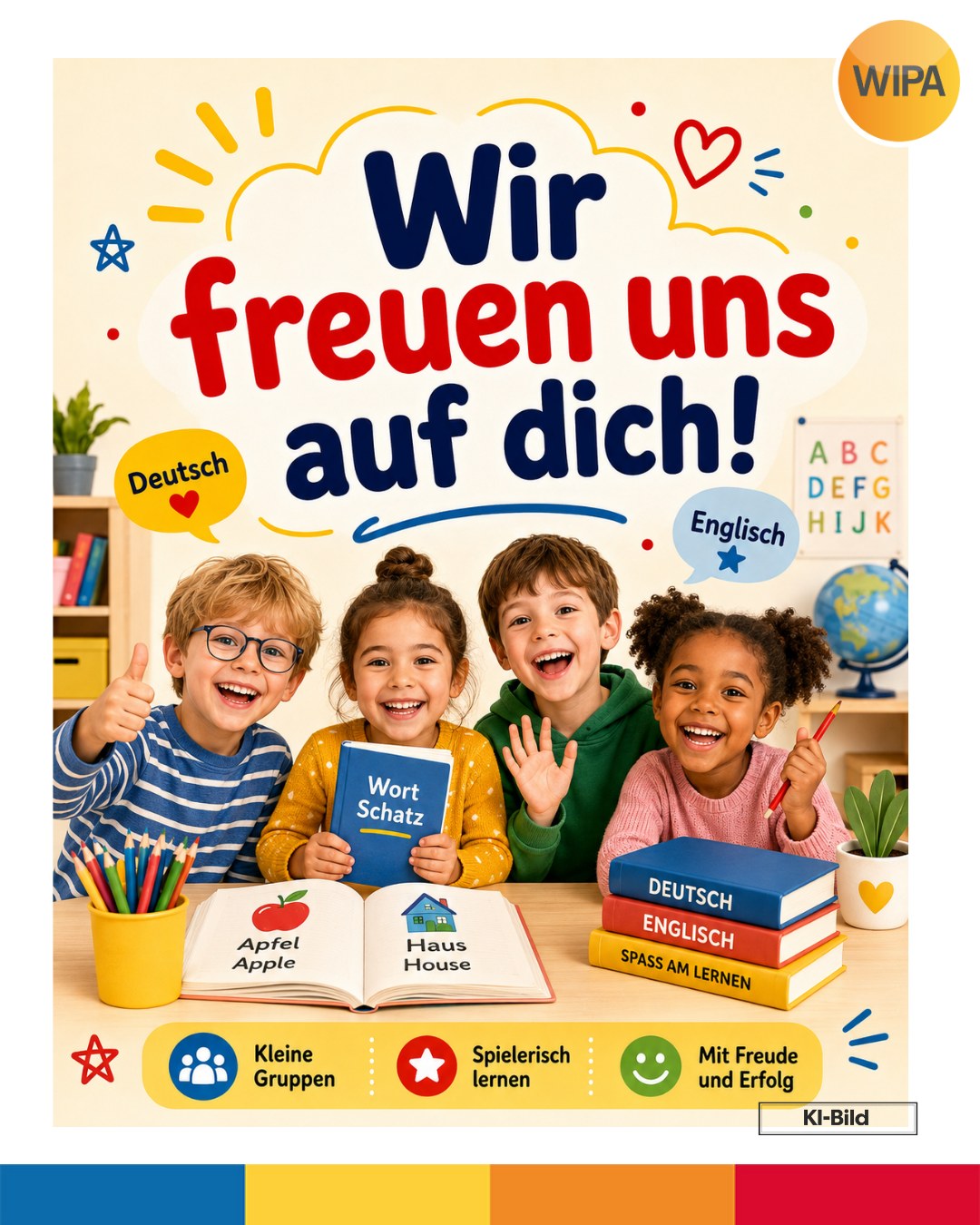 📚 Deutsch- und Englischkurse für Kinder und Schüler*innen in Berlin-Lichtenberg
Ab 31.08.2026 starten unsere neuen Kinderkurse bei der WIPA GmbH. In kleinen Gruppen mit maximal 10 Teilnehmenden lernen Kinder und Jugendliche Deutsch oder Englisch altersgerecht, strukturiert und mit Freude. 💛
🇩🇪 Deutsch für Vorschulkinder sowie für Schülerinnen der 1. bis 6. Klasse
🇬🇧 Englisch für Schülerinnen der 1. bis 10. Klasse
🎓 inklusive MSA-Vorbereitung für die 9. und 10. Klassen
💶 50,00 € monatlich
🎁 Die 1. Probestunde ist kostenlos!
📍 WIPA GmbH
Möllendorffstraße 48
10367 Berlin-Lichtenberg
3. Etage, Raum 303 oder 309
📞 030 557414 15 oder 030 557414 16
📧 kiku@wipa-berlin.de
An Feiertagen und in den Berliner Schulferien findet kein Unterricht statt. Der Schulungsvertrag endet automatisch zum 30.06.2027.
✨ Jetzt informieren und Platz sichern – wir freuen uns auf dich!
#DeutschFürKinder #EnglischFürKinder #KinderkurseBerlin #SprachkursKinder #DeutschLernenBerlin #EnglischLernenBerlin