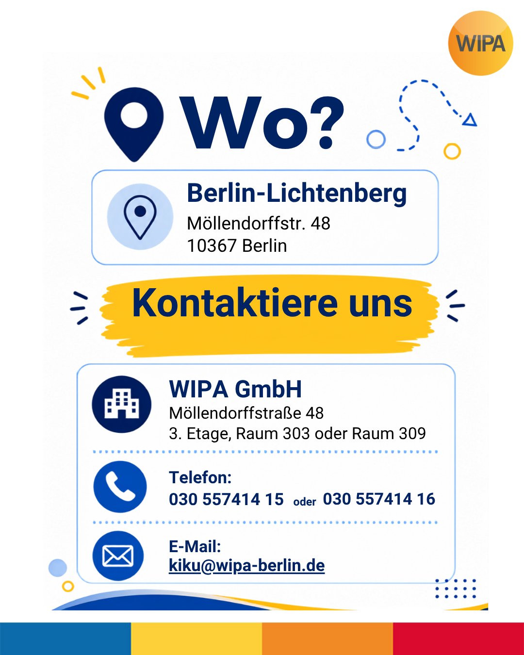 📚 Deutsch- und Englischkurse für Kinder und Schüler*innen in Berlin-Lichtenberg
Ab 31.08.2026 starten unsere neuen Kinderkurse bei der WIPA GmbH. In kleinen Gruppen mit maximal 10 Teilnehmenden lernen Kinder und Jugendliche Deutsch oder Englisch altersgerecht, strukturiert und mit Freude. 💛
🇩🇪 Deutsch für Vorschulkinder sowie für Schülerinnen der 1. bis 6. Klasse
🇬🇧 Englisch für Schülerinnen der 1. bis 10. Klasse
🎓 inklusive MSA-Vorbereitung für die 9. und 10. Klassen
💶 50,00 € monatlich
🎁 Die 1. Probestunde ist kostenlos!
📍 WIPA GmbH
Möllendorffstraße 48
10367 Berlin-Lichtenberg
3. Etage, Raum 303 oder 309
📞 030 557414 15 oder 030 557414 16
📧 kiku@wipa-berlin.de
An Feiertagen und in den Berliner Schulferien findet kein Unterricht statt. Der Schulungsvertrag endet automatisch zum 30.06.2027.
✨ Jetzt informieren und Platz sichern – wir freuen uns auf dich!
#DeutschFürKinder #EnglischFürKinder #KinderkurseBerlin #SprachkursKinder #DeutschLernenBerlin #EnglischLernenBerlin