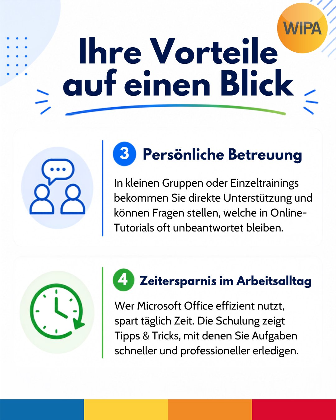 Nur ein Tag – mehr Sicherheit im Büroalltag! 💻✨
Mit unseren Microsoft Office Tagesschulungen in Berlin-Lichtenberg erweitern Sie Ihre Kenntnisse in Word und Excel schnell, praxisnah und direkt anwendbar. Ob Anfänger*in oder Fortgeschrittene*r: In unseren Office-Schulungen lernen Sie wichtige Funktionen, hilfreiche Tipps & Tricks und praktische Anwendungen für Büro, Verwaltung und kaufmännische Tätigkeiten.
📅 Alle Kurse finden von 08:30 bis 15:30 Uhr statt
🟢 Microsoft Excel für Fortgeschrittene
02.09.2026 | 30.09.2026 | 28.10.2026
595,00 €
🔵 Microsoft Word für Anfänger
09.09.2026 | 07.10.2026 | 22.10.2026
476,00 €
🔵 Microsoft Word für Fortgeschrittene
16.09.2026 | 14.10.2026 | 29.10.2026
595,00 €
🟢 Microsoft Excel für Anfänger
23.09.2026 | 21.10.2026
476,00 €
✅ Ihre Vorteile auf einen Blick:
• kompakter Wissenstransfer
• praxisnahe Inhalte
• persönliche Betreuung
• mehr Effizienz und Zeitersparnis im Arbeitsalltag
🎓 Nach der Schulung erhalten Sie ein Teilnehmerzertifikat.
🏅 Zusätzlich buchbar: Microsoft Office Specialist (MOS) Zertifizierungen
• MO-110 Word Associate – 150,00 €
• MO-210 Excel Associate – 150,00 €
• MO-211 Excel Expert – 150,00 €
• MO-111 Word Expert – 150,00 €
Die Microsoft-Zertifizierung ist jederzeit individuell buchbar und ein wertvoller Nachweis Ihrer digitalen Kompetenzen.
📍 Ort der Schulung:
WIPA Berlin – Standort Lichtenberg
Möllendorffstraße 48
10367 Berlin
📞 030 557414-0
✉️ info@wipa-berlin.de
👉 Jetzt auf www.wipa.berlin unter Kaufmännische Weiterbildung Ihre passende Word-Schulung, Excel-Schulung oder Microsoft Office Weiterbildung auswählen und direkt buchen!
#MicrosoftOffice #MicrosoftWord #MicrosoftExcel #WordSchulung #ExcelSchulung #OfficeSchulung