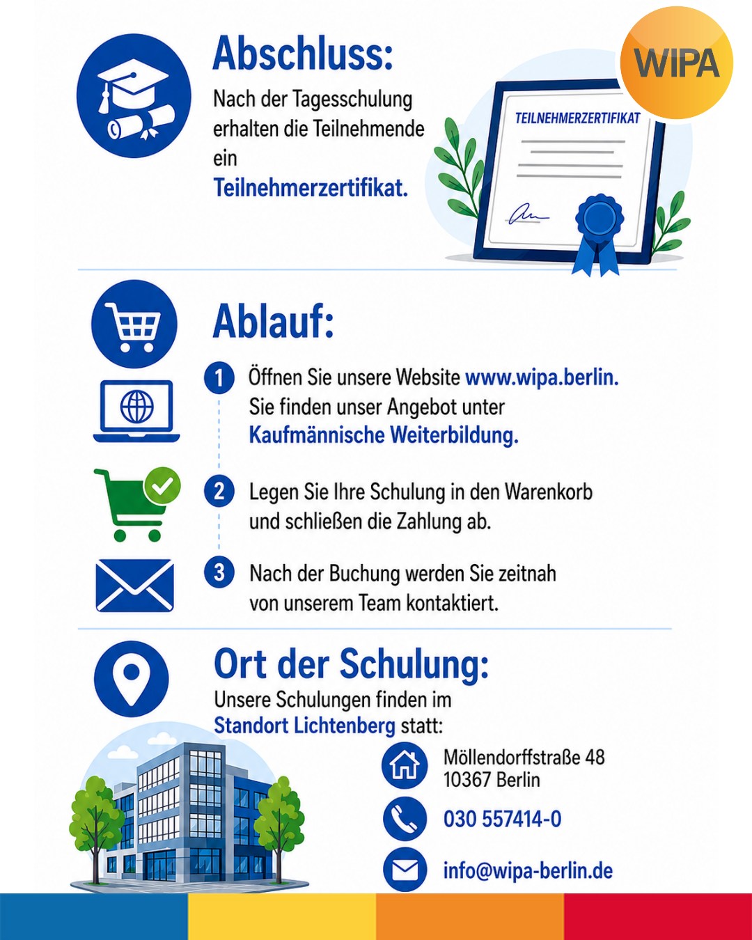 Nur ein Tag – mehr Sicherheit im Büroalltag! 💻✨
Mit unseren Microsoft Office Tagesschulungen in Berlin-Lichtenberg erweitern Sie Ihre Kenntnisse in Word und Excel schnell, praxisnah und direkt anwendbar. Ob Anfänger*in oder Fortgeschrittene*r: In unseren Office-Schulungen lernen Sie wichtige Funktionen, hilfreiche Tipps & Tricks und praktische Anwendungen für Büro, Verwaltung und kaufmännische Tätigkeiten.
📅 Alle Kurse finden von 08:30 bis 15:30 Uhr statt
🟢 Microsoft Excel für Fortgeschrittene
02.09.2026 | 30.09.2026 | 28.10.2026
595,00 €
🔵 Microsoft Word für Anfänger
09.09.2026 | 07.10.2026 | 22.10.2026
476,00 €
🔵 Microsoft Word für Fortgeschrittene
16.09.2026 | 14.10.2026 | 29.10.2026
595,00 €
🟢 Microsoft Excel für Anfänger
23.09.2026 | 21.10.2026
476,00 €
✅ Ihre Vorteile auf einen Blick:
• kompakter Wissenstransfer
• praxisnahe Inhalte
• persönliche Betreuung
• mehr Effizienz und Zeitersparnis im Arbeitsalltag
🎓 Nach der Schulung erhalten Sie ein Teilnehmerzertifikat.
🏅 Zusätzlich buchbar: Microsoft Office Specialist (MOS) Zertifizierungen
• MO-110 Word Associate – 150,00 €
• MO-210 Excel Associate – 150,00 €
• MO-211 Excel Expert – 150,00 €
• MO-111 Word Expert – 150,00 €
Die Microsoft-Zertifizierung ist jederzeit individuell buchbar und ein wertvoller Nachweis Ihrer digitalen Kompetenzen.
📍 Ort der Schulung:
WIPA Berlin – Standort Lichtenberg
Möllendorffstraße 48
10367 Berlin
📞 030 557414-0
✉️ info@wipa-berlin.de
👉 Jetzt auf www.wipa.berlin unter Kaufmännische Weiterbildung Ihre passende Word-Schulung, Excel-Schulung oder Microsoft Office Weiterbildung auswählen und direkt buchen!
#MicrosoftOffice #MicrosoftWord #MicrosoftExcel #WordSchulung #ExcelSchulung #OfficeSchulung