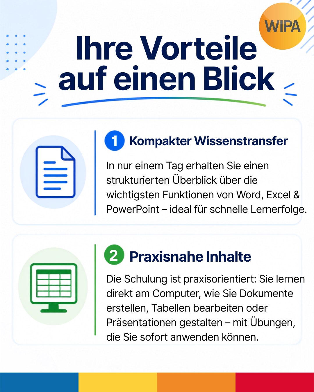 Nur ein Tag – mehr Sicherheit im Büroalltag! 💻✨
Mit unseren Microsoft Office Tagesschulungen in Berlin-Lichtenberg erweitern Sie Ihre Kenntnisse in Word und Excel schnell, praxisnah und direkt anwendbar. Ob Anfänger*in oder Fortgeschrittene*r: In unseren Office-Schulungen lernen Sie wichtige Funktionen, hilfreiche Tipps & Tricks und praktische Anwendungen für Büro, Verwaltung und kaufmännische Tätigkeiten.
📅 Alle Kurse finden von 08:30 bis 15:30 Uhr statt
🟢 Microsoft Excel für Fortgeschrittene
02.09.2026 | 30.09.2026 | 28.10.2026
595,00 €
🔵 Microsoft Word für Anfänger
09.09.2026 | 07.10.2026 | 22.10.2026
476,00 €
🔵 Microsoft Word für Fortgeschrittene
16.09.2026 | 14.10.2026 | 29.10.2026
595,00 €
🟢 Microsoft Excel für Anfänger
23.09.2026 | 21.10.2026
476,00 €
✅ Ihre Vorteile auf einen Blick:
• kompakter Wissenstransfer
• praxisnahe Inhalte
• persönliche Betreuung
• mehr Effizienz und Zeitersparnis im Arbeitsalltag
🎓 Nach der Schulung erhalten Sie ein Teilnehmerzertifikat.
🏅 Zusätzlich buchbar: Microsoft Office Specialist (MOS) Zertifizierungen
• MO-110 Word Associate – 150,00 €
• MO-210 Excel Associate – 150,00 €
• MO-211 Excel Expert – 150,00 €
• MO-111 Word Expert – 150,00 €
Die Microsoft-Zertifizierung ist jederzeit individuell buchbar und ein wertvoller Nachweis Ihrer digitalen Kompetenzen.
📍 Ort der Schulung:
WIPA Berlin – Standort Lichtenberg
Möllendorffstraße 48
10367 Berlin
📞 030 557414-0
✉️ info@wipa-berlin.de
👉 Jetzt auf www.wipa.berlin unter Kaufmännische Weiterbildung Ihre passende Word-Schulung, Excel-Schulung oder Microsoft Office Weiterbildung auswählen und direkt buchen!
#MicrosoftOffice #MicrosoftWord #MicrosoftExcel #WordSchulung #ExcelSchulung #OfficeSchulung
