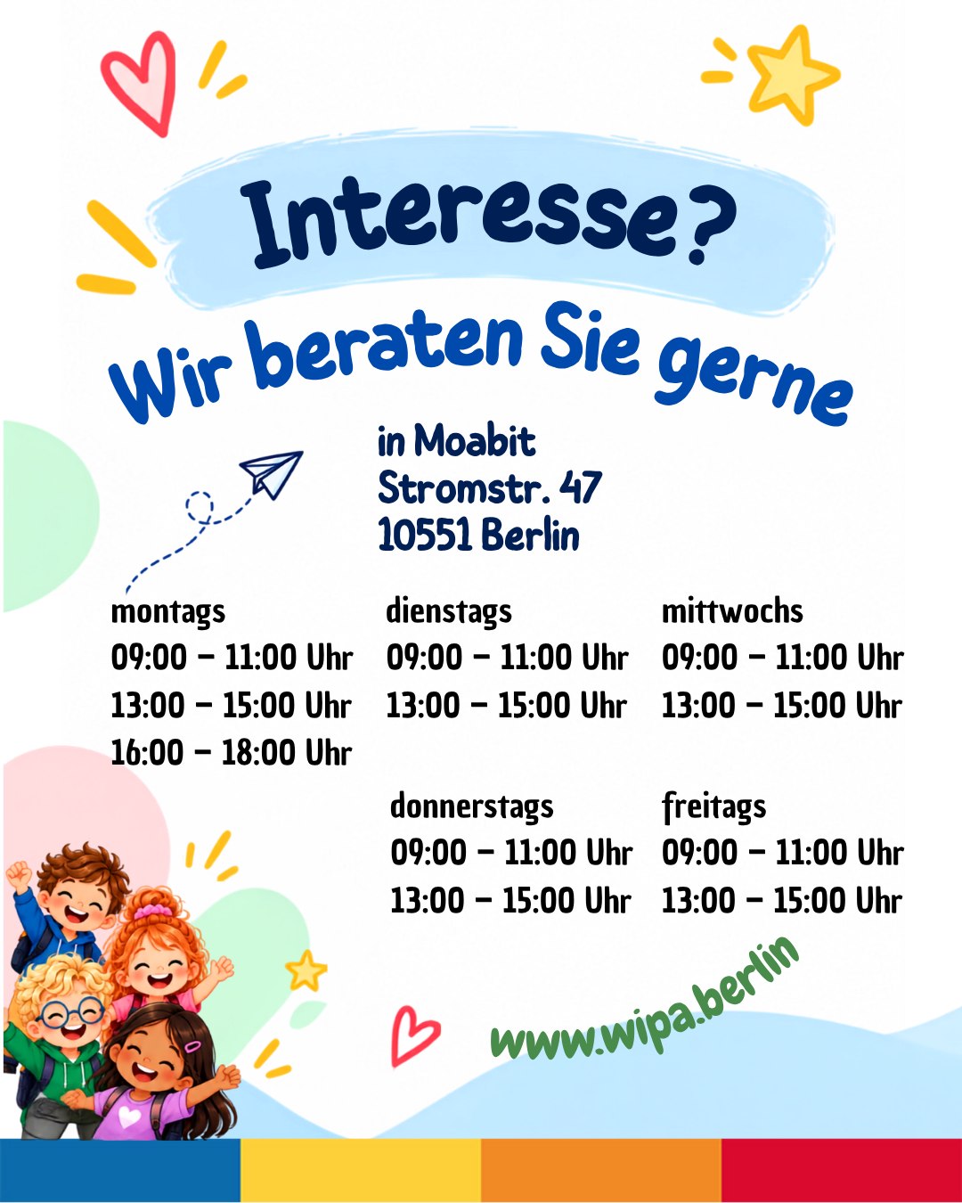 🌍✨ Hello, Hallo & los geht’s!
Sprachenlernen darf Spaß machen – besonders für Kinder und Jugendliche! 💛📚 Bei unseren Deutsch- und Englischkursen für Kinder in Berlin lernen die Teilnehmenden spielerisch, kreativ und gemeinsam in kleinen Gruppen.
Ob Deutsch lernen, Englisch lernen, Wortschatz erweitern, sicherer sprechen oder einfach Freude an einer neuen Sprache entwickeln: Unsere erfahrenen Lehrkräfte begleiten die Kinder Schritt für Schritt und sorgen für eine entspannte Lernatmosphäre. 🎨🗣️🌟
💬 Deutsch & Englisch für Kinder und Jugendliche
⏰ 60 Minuten pro Woche
👧🧒 Kleine Gruppen mit 5–10 Kindern
🎁 Erste Probestunde kostenlos
💶 50,00 € monatlich
🚀 Einstieg ab sofort möglich
👩🏫 Erfahrene Lehrkräfte
📍 WIPA Berlin-Moabit
Neugierig geworden? Dann meldet euch bei uns und lernt uns bei einer kostenlosen Probestunde kennen! 💌
📧 moabit@wipa-berlin.de
📞 030 557414-42 / -34
🌐 www.wipa.berlin
Sprachen öffnen Türen – und gemeinsam macht Lernen noch mehr Spaß! 💙❤️💛
#DeutschFürKinder #EnglischFürKinder #DeutschkurseFürKinder #EnglischkurseFürKinder #SprachkursKinder