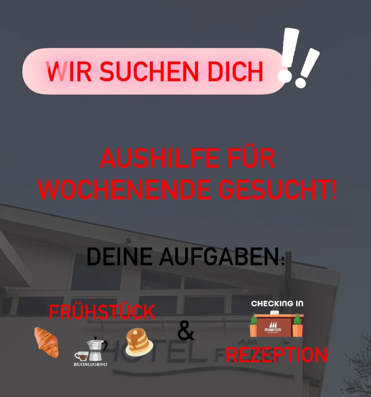 Hast du Lust & zeit am Wochenende etwas dazu zu verdienen? Dann meld dich doch gern bei uns😊😉
Wir freuen uns dich kennenzulernen!