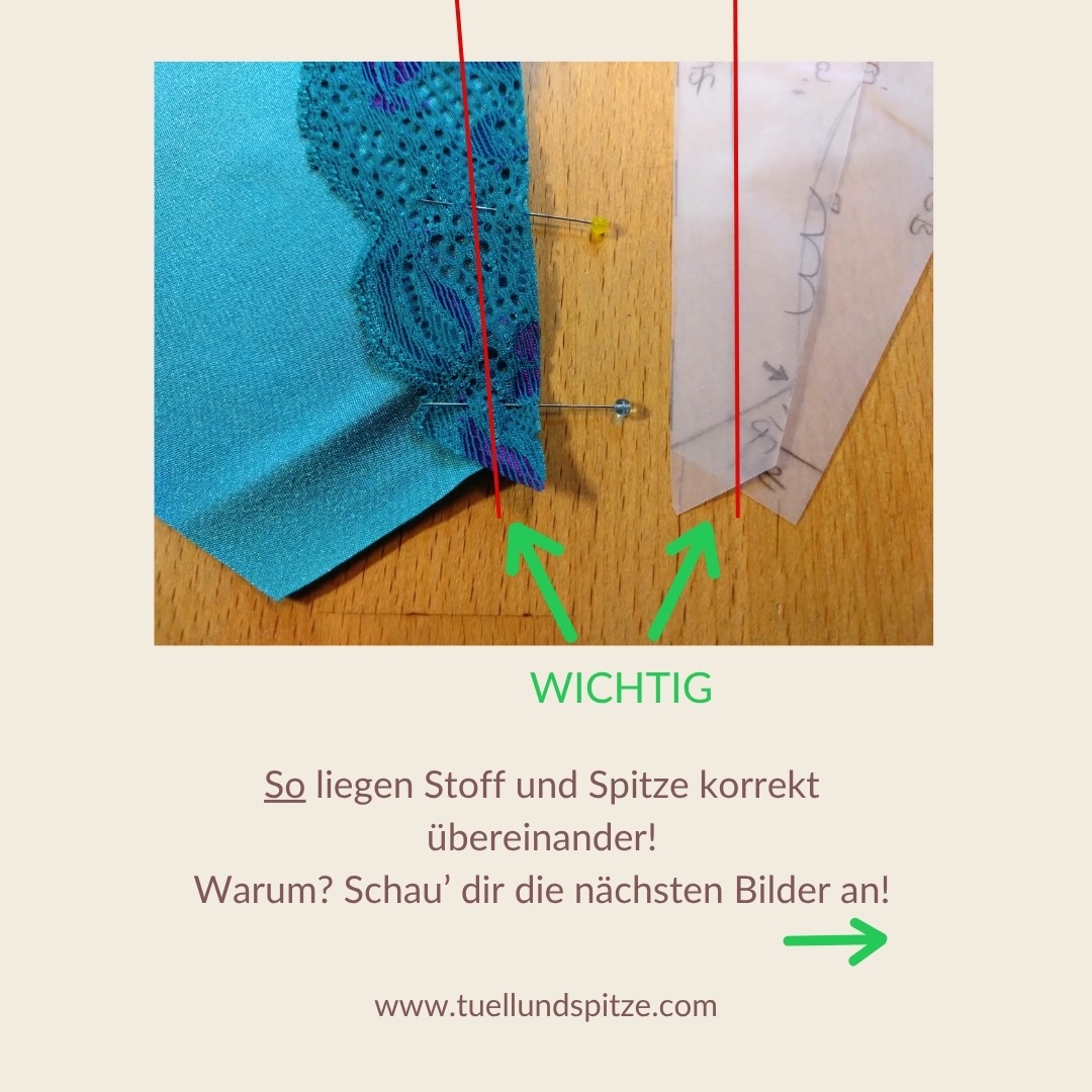 Beachte die Nahtzugaben beim Dessousnähen! 👙
Lege dir das Schnittmuster neben die Nähmaschine, wenn du dir unsicher bist, wie genau die Stoffteile aufeinander gehören!
Bild 2: Teilnaht auf Teilnaht (= rote Linie im Bild); so werden die Stoffteile zusammengenäht.
Wird die Nahtzugabe nicht beachtet, und du nähst die Stoffteile Spitze auf Spitze liegend aneinander (Bild 3), wirst du einen Versprung deiner Schnittteile erhalten. An manchen Stellen kann man etwas "mogeln". Aber gerade an den Stellen, an denen Gummibänder angenäht werden, fehlt dann die Nahtzugabe und du erhältst ein unschönes Loch an dieser Stelle.
Liegen die Nahtzugaben bei deinen Stoffteilen korrekt übereinander, erhältst du eine fließende, durchgehende Linie (Bild 4)👙
Dir ist es immer noch ein Rätsel, wie du überhaupt mit elastischen Stoffen und Gummibändern umgehen sollst und diese so nähst, das keine Beulen entstehen? Schau' doch mal in meinem Kurskalender nach den Terminen. Bestimmt ist auch der passende Kurs für dich dabei. Du erhältst viele hilfreiche Tipps und Tricks, die dir künftig dabei helfen, deine eigene Dessous-Kollektion zu nähen:
➡️ tuellundspitze.com/dessous-naehkurse/
#nähtipp #dessousnähen #dessousnähkurse #nahtzugabe #schnittteileverarbeiten #nähkursewiesbaden #dessousmaßschneiderei #dessousschneiderei #tüllundspitzewiesbaden #wiesbaden #dasnäheichmirselbst #modefürfrauen #dessous #lingerie #underwear #lingeriesupplies #dessousmaterialien #kreativpakete