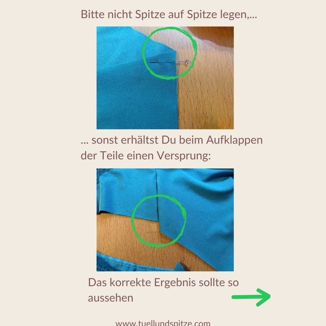 Beachte die Nahtzugaben beim Dessousnähen! 👙
Lege dir das Schnittmuster neben die Nähmaschine, wenn du dir unsicher bist, wie genau die Stoffteile aufeinander gehören!
Bild 2: Teilnaht auf Teilnaht (= rote Linie im Bild); so werden die Stoffteile zusammengenäht.
Wird die Nahtzugabe nicht beachtet, und du nähst die Stoffteile Spitze auf Spitze liegend aneinander (Bild 3), wirst du einen Versprung deiner Schnittteile erhalten. An manchen Stellen kann man etwas "mogeln". Aber gerade an den Stellen, an denen Gummibänder angenäht werden, fehlt dann die Nahtzugabe und du erhältst ein unschönes Loch an dieser Stelle.
Liegen die Nahtzugaben bei deinen Stoffteilen korrekt übereinander, erhältst du eine fließende, durchgehende Linie (Bild 4)👙
Dir ist es immer noch ein Rätsel, wie du überhaupt mit elastischen Stoffen und Gummibändern umgehen sollst und diese so nähst, das keine Beulen entstehen? Schau' doch mal in meinem Kurskalender nach den Terminen. Bestimmt ist auch der passende Kurs für dich dabei. Du erhältst viele hilfreiche Tipps und Tricks, die dir künftig dabei helfen, deine eigene Dessous-Kollektion zu nähen:
➡️ tuellundspitze.com/dessous-naehkurse/
#nähtipp #dessousnähen #dessousnähkurse #nahtzugabe #schnittteileverarbeiten #nähkursewiesbaden #dessousmaßschneiderei #dessousschneiderei #tüllundspitzewiesbaden #wiesbaden #dasnäheichmirselbst #modefürfrauen #dessous #lingerie #underwear #lingeriesupplies #dessousmaterialien #kreativpakete