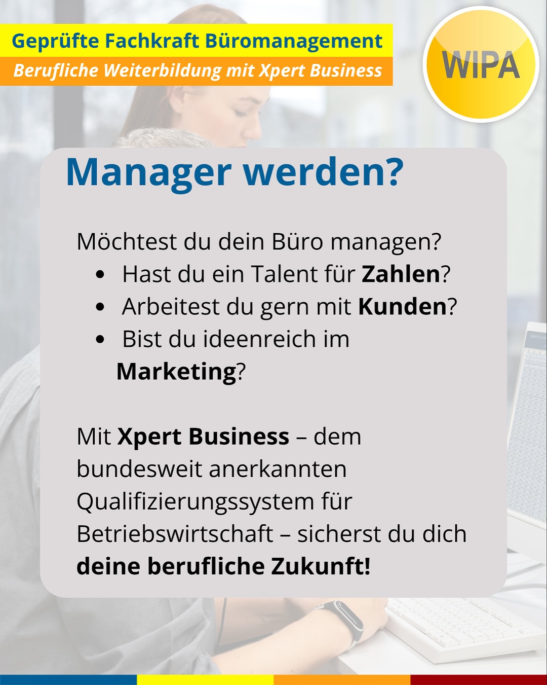 ✨ Starte deine Karriere im Büromanagement – jetzt modular & praxisnah! ✨
Du willst dein Office professionell managen, liebst Struktur, Zahlen, Kundenkontakt und Marketing? Dann ist die Weiterbildung „Geprüfte Fachkraft Büromanagement (Xpert Business)“ bei WIPA Berlin genau dein nächster Schritt! 🚀
📚 Warum dieser Kurs?
• Bundesweit anerkanntes Xpert-Business-Zertifikat
• Praxistraining in unserer Übungsfirma (Finanzen, Personal, Marketing, Sekretariat)
• Spezialisierung in Finanzbuchhaltung, Büroorganisation & Unternehmensführung
• Top-Vorbereitung für Berufseinstieg oder beruflichen Aufstieg
• 100 % förderbar mit Bildungsgutschein (Jobcenter/Agentur für Arbeit)
📆 Kurstermine 2026:
• 09.02.2026 – 20.07.2026
• 18.05.2026 – 16.11.2026
• 31.08.2026 – 26.02.2027
• 17.11.2026 – 05.05.2027
⏰ Unterrichtszeiten:
Montag–Freitag, 08:15–15:15 Uhr
Dauer: 6 Monate (Fachkraft)
🖥️ Du lernst u. a.:
Microsoft Office (Word, Excel, PowerPoint, Outlook), Finanzbuchhaltung, Marketing/Vertrieb, Personalwesen, Warenwirtschaft, Unternehmensorganisation u. v. m.
💡 Keine Vorkenntnisse nötig – nur Motivation & Deutsch B2.
📍 WIPA Berlin – Lichtenberg
Jetzt informieren & Starttermin sichern!
📞 030 557414 24
📧 amdl@wipa-berlin.de
#Büromanagement #XpertBusiness #WeiterbildungBerlin #WIPABerlin #Finanzbuchhaltung #OfficeManagement #Bildungsgutschein #Weiterbildung2026 #KarriereStart #UmschulungBerlin #BeruflicheWeiterbildung #BerlinJobs
