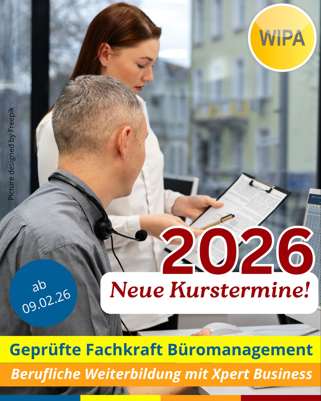 ✨ Starte deine Karriere im Büromanagement – jetzt modular & praxisnah! ✨
Du willst dein Office professionell managen, liebst Struktur, Zahlen, Kundenkontakt und Marketing? Dann ist die Weiterbildung „Geprüfte Fachkraft Büromanagement (Xpert Business)“ bei WIPA Berlin genau dein nächster Schritt! 🚀
📚 Warum dieser Kurs?
• Bundesweit anerkanntes Xpert-Business-Zertifikat
• Praxistraining in unserer Übungsfirma (Finanzen, Personal, Marketing, Sekretariat)
• Spezialisierung in Finanzbuchhaltung, Büroorganisation & Unternehmensführung
• Top-Vorbereitung für Berufseinstieg oder beruflichen Aufstieg
• 100 % förderbar mit Bildungsgutschein (Jobcenter/Agentur für Arbeit)
📆 Kurstermine 2026:
• 09.02.2026 – 20.07.2026
• 18.05.2026 – 16.11.2026
• 31.08.2026 – 26.02.2027
• 17.11.2026 – 05.05.2027
⏰ Unterrichtszeiten:
Montag–Freitag, 08:15–15:15 Uhr
Dauer: 6 Monate (Fachkraft)
🖥️ Du lernst u. a.:
Microsoft Office (Word, Excel, PowerPoint, Outlook), Finanzbuchhaltung, Marketing/Vertrieb, Personalwesen, Warenwirtschaft, Unternehmensorganisation u. v. m.
💡 Keine Vorkenntnisse nötig – nur Motivation & Deutsch B2.
📍 WIPA Berlin – Lichtenberg
Jetzt informieren & Starttermin sichern!
📞 030 557414 24
📧 amdl@wipa-berlin.de
#Büromanagement #XpertBusiness #WeiterbildungBerlin #WIPABerlin #Finanzbuchhaltung #OfficeManagement #Bildungsgutschein #Weiterbildung2026 #KarriereStart #UmschulungBerlin #BeruflicheWeiterbildung #BerlinJobs