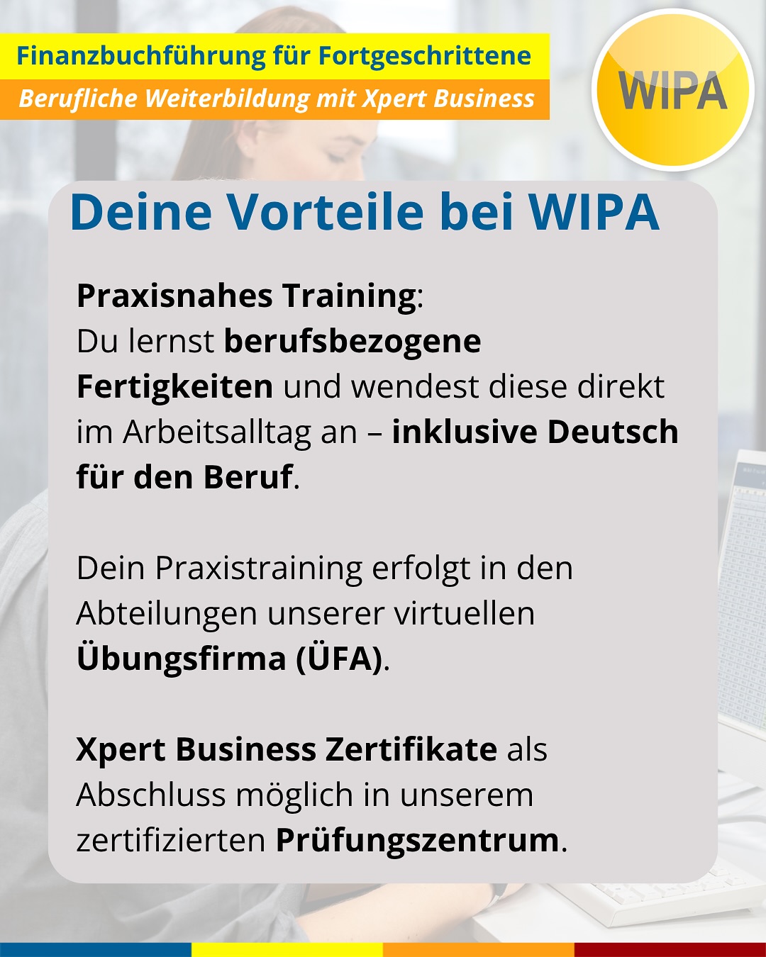 Boost your Skills: Finanzbuchhaltung Aufbaukurs in Berlin 💼📈
Du willst sicher und souverän buchen – auch bei komplexen Fällen? Dann ist unser Finanzbuchhaltung Aufbaukurs (Fibu 2 & 3) in der kaufmännischen Übungsfirma genau dein Upgrade.
👉 Mehr Praxis. Mehr Wissen. Mehr Karriere.
Bei uns lernst du alles, was echte Fachkräfte für Finanzbuchhaltung brauchen:
• EU- & Drittland-Geschäfte
• Abgrenzungen, Rückstellungen & Jahresabschluss
• Praxisfälle am PC (Lexware & DATEV)
• Von EBK bis Schlussbilanz – wir üben alles!
🎯 Deine Ziele? Unsere Mission!
✔ Geprüfte Fachkraft Finanzbuchführung (Xpert Business)
✔ Praxis-Boost für den Job
✔ Perfekt nach Fibu 1 oder zur Wissensauffrischung
💼 Praxistraining inklusive:
Du legst deine eigene Firma an und buchst bis zur Gewinn- und Verlustrechnung – realitätsnah, hands-on, berufstauglich.
📍 Vor Ort in Berlin-Lichtenberg
WIPA GmbH – Möllendorffstraße 48
📞 030 557414 24
✉️ amdl@wipa-berlin.de
🗓 Kursstart: 15.12.2025 – 12.03.2026
Mo–Fr • 08:15–15:25 Uhr
💸 Förderung mit Bildungsgutschein möglich!
✨ Hol dir jetzt deinen kostenlosen Beratungstermin und starte deine Karriere in der Finanzbuchhaltung!
#finanzbuchhaltung #buchhaltunglernen #weiterbildungberlin #wipaberlin #datev #lexware #xpertbusiness #kaufmännischeausbildung #weiterbildung2025 #berlinjobs #karriereboost #buchhalterin #buchhalter #fibu2 #fibu3 #bildungsgutschein #deutschfürdenberuf