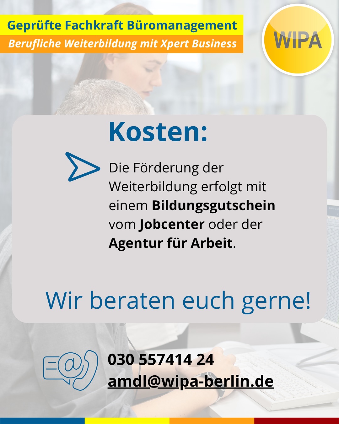 ✨ Starte deine Karriere im Büromanagement – jetzt modular & praxisnah! ✨
Du willst dein Office professionell managen, liebst Struktur, Zahlen, Kundenkontakt und Marketing? Dann ist die Weiterbildung „Geprüfte Fachkraft Büromanagement (Xpert Business)“ bei WIPA Berlin genau dein nächster Schritt! 🚀
📚 Warum dieser Kurs?
• Bundesweit anerkanntes Xpert-Business-Zertifikat
• Praxistraining in unserer Übungsfirma (Finanzen, Personal, Marketing, Sekretariat)
• Spezialisierung in Finanzbuchhaltung, Büroorganisation & Unternehmensführung
• Top-Vorbereitung für Berufseinstieg oder beruflichen Aufstieg
• 100 % förderbar mit Bildungsgutschein (Jobcenter/Agentur für Arbeit)
📆 Kurstermine 2026:
• 09.02.2026 – 20.07.2026
• 18.05.2026 – 16.11.2026
• 31.08.2026 – 26.02.2027
• 17.11.2026 – 05.05.2027
⏰ Unterrichtszeiten:
Montag–Freitag, 08:15–15:15 Uhr
Dauer: 6 Monate (Fachkraft)
🖥️ Du lernst u. a.:
Microsoft Office (Word, Excel, PowerPoint, Outlook), Finanzbuchhaltung, Marketing/Vertrieb, Personalwesen, Warenwirtschaft, Unternehmensorganisation u. v. m.
💡 Keine Vorkenntnisse nötig – nur Motivation & Deutsch B2.
📍 WIPA Berlin – Lichtenberg
Jetzt informieren & Starttermin sichern!
📞 030 557414 24
📧 amdl@wipa-berlin.de
#Büromanagement #XpertBusiness #WeiterbildungBerlin #WIPABerlin #Finanzbuchhaltung #OfficeManagement #Bildungsgutschein #Weiterbildung2026 #KarriereStart #UmschulungBerlin #BeruflicheWeiterbildung #BerlinJobs