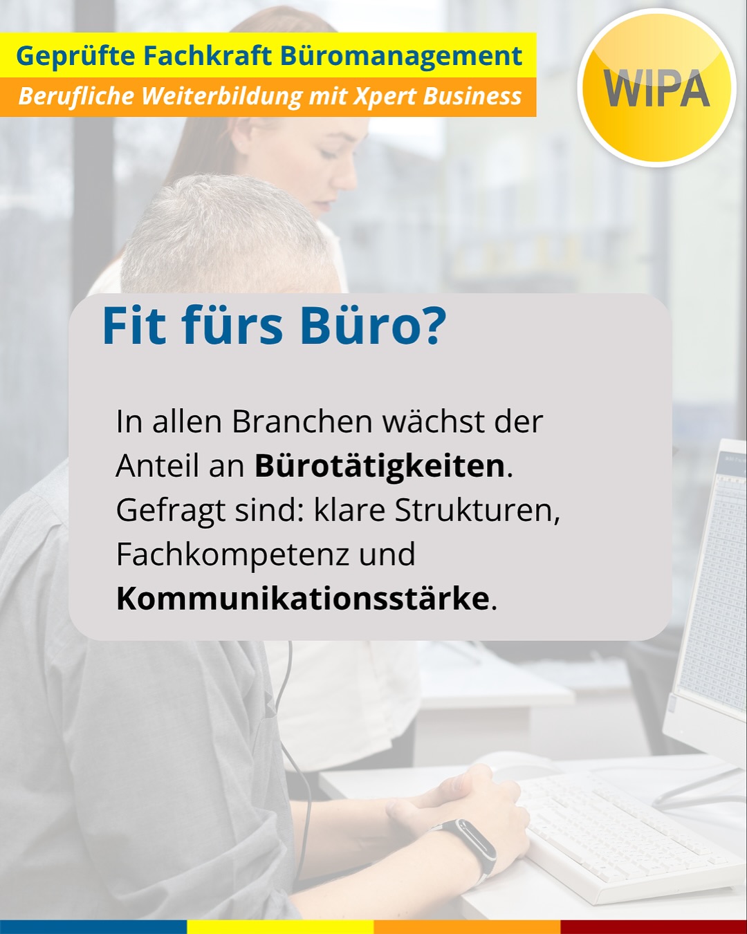 ✨ Starte deine Karriere im Büromanagement – jetzt modular & praxisnah! ✨
Du willst dein Office professionell managen, liebst Struktur, Zahlen, Kundenkontakt und Marketing? Dann ist die Weiterbildung „Geprüfte Fachkraft Büromanagement (Xpert Business)“ bei WIPA Berlin genau dein nächster Schritt! 🚀
📚 Warum dieser Kurs?
• Bundesweit anerkanntes Xpert-Business-Zertifikat
• Praxistraining in unserer Übungsfirma (Finanzen, Personal, Marketing, Sekretariat)
• Spezialisierung in Finanzbuchhaltung, Büroorganisation & Unternehmensführung
• Top-Vorbereitung für Berufseinstieg oder beruflichen Aufstieg
• 100 % förderbar mit Bildungsgutschein (Jobcenter/Agentur für Arbeit)
📆 Kurstermine 2026:
• 09.02.2026 – 20.07.2026
• 18.05.2026 – 16.11.2026
• 31.08.2026 – 26.02.2027
• 17.11.2026 – 05.05.2027
⏰ Unterrichtszeiten:
Montag–Freitag, 08:15–15:15 Uhr
Dauer: 6 Monate (Fachkraft)
🖥️ Du lernst u. a.:
Microsoft Office (Word, Excel, PowerPoint, Outlook), Finanzbuchhaltung, Marketing/Vertrieb, Personalwesen, Warenwirtschaft, Unternehmensorganisation u. v. m.
💡 Keine Vorkenntnisse nötig – nur Motivation & Deutsch B2.
📍 WIPA Berlin – Lichtenberg
Jetzt informieren & Starttermin sichern!
📞 030 557414 24
📧 amdl@wipa-berlin.de
#Büromanagement #XpertBusiness #WeiterbildungBerlin #WIPABerlin #Finanzbuchhaltung #OfficeManagement #Bildungsgutschein #Weiterbildung2026 #KarriereStart #UmschulungBerlin #BeruflicheWeiterbildung #BerlinJobs