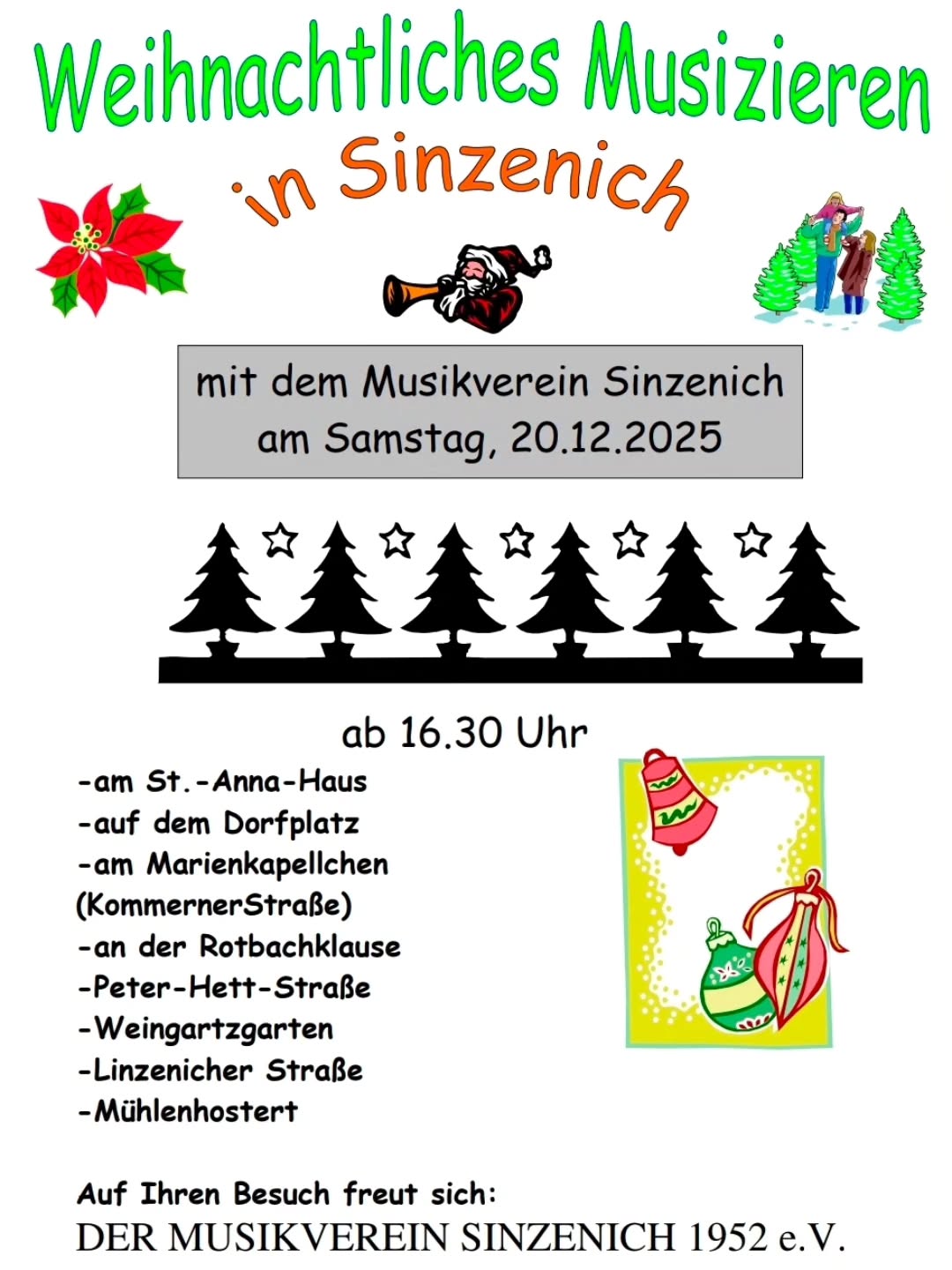 Auch in diesem Jahr verschönern wir die Weihanchtszeit in Sinzenich mit ein bisschen Musik! ❄️🎄
#musik #musikverein #weihnachtszeit #weihnachten #weihnachtsmusik