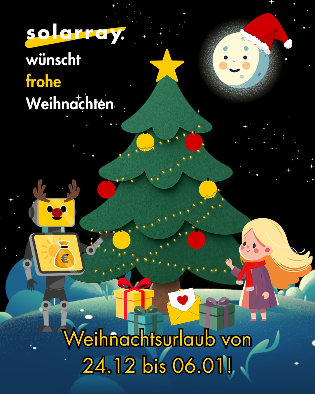 solarray wünscht Dir eine besinnliche Weihnachten und frohe Festtage.
Wir haben vom 24.12 bis 06.01 zu und starten danach wieder energiegeladen ins Jahr 2026!
#solaranlage #solarenergie #Weihnachten #kalkulator #pvanlage #solarray #energieberatung #solarberatung #christmas