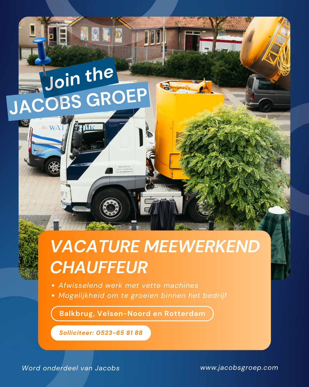 🚛💨 Wij zoeken een Meewerkend Chauffeur Blaas-/Zuigcombinatie!
Ben jij in het bezit van rijbewijs CE, technisch onderlegd én niet bang voor hoogte? Dan hebben wij een toffe baan voor je bij Dakgrind Nederland!
✅ Werken met indrukwekkende machines
✅ Actief meewerken op locatie
✅ Afwisselend werk & een hecht team
✅ Doorgroeimogelijkheden + goed salaris
Bouw mee aan sterke daken én aan je toekomst!
📩 Solliciteer via sollicitatie@jacobsgroep.com
📞 0523 65 81 88