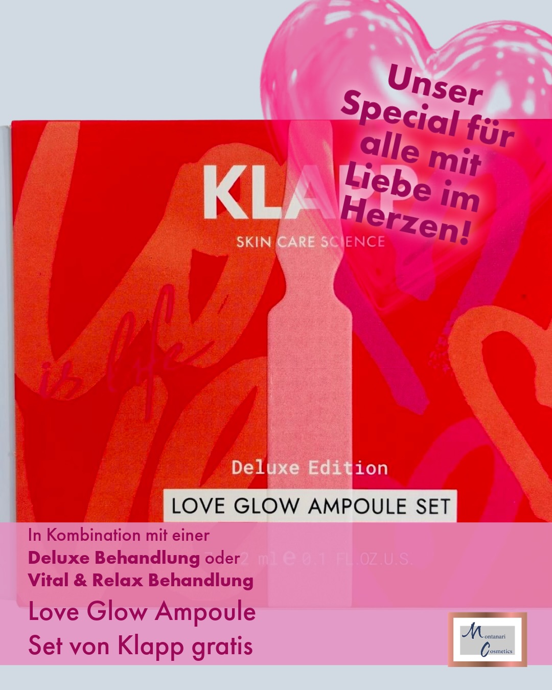 ❤️Unser Valentins-Special für alle!❤️ Egal ob Single, verliebt, verlobt oder verheiratet – mit unserem Valentins Special darf sich jeder selbst oder auch andere verwöhnen. Zu jeder 💆🏽♀️Deluxe Behandlung oder 💆🏼♂️Vital & Relax Behandlung gibt es in der Zeit vom 02.02. – 14.02. bei uns das exklusive ✨Love Glow Ampoule Set✨ von Klapp als Verwöhn Special für zuhause gratis mit dazu. ❤️Deluxe Behandlung inkl. Dekolleté für sie Intensivbehandlung und Verwöhnbehandlung Reinigen, Hautdiagnose, Peeling, Bedampfen, Entfernen von Hautunreinheiten, Augenbrauen formen, Gesicht-, Hals- und Dekolletémassage, Maske, Abschlusspflege 75 MIN 99€ ❤️Vital & Relax Behandlung für ihn Intensivbehandlung und Verwöhnbehandlung Reinigen, Hautdiagnose, Peeling, Bedampfen, Entfernen von Hautunreinheiten, Augenbrauen formen, Gesichtsmassage, Maske, Abschlusspflege 60-70 MIN 99€ ❤️& Love Glow Ampoule Set - Deluxe Edition von Klapp für alle!* Limitierte, exklusive Edition mit 7 hochkonzentrierten Schönheitsboostern in einer edlen Aluminiumbox: 🧴2x Niacinamide für ein ebenmäßiges Hautbild 🍋3x Vitamin C für Leuchtkraft und Vitalität 💦2x Hyaluronsäure für intensive Feuchtigkeit und ein glattes Hautgefühl (UVP 29,90 Euro – kann natürlich auch außerhalb des Specials regulär bei uns gekauft werden) 🗓️Terminvereinbarung über unser Onlinebuchungstool (🔗Link in Bio) oder telefonisch unter ☎️0234 / 53 06 27 18 *nur solange der Vorrat reicht und freie Termine verfügbar #ValentinSpecial #Klapp #MontanariCosmetics