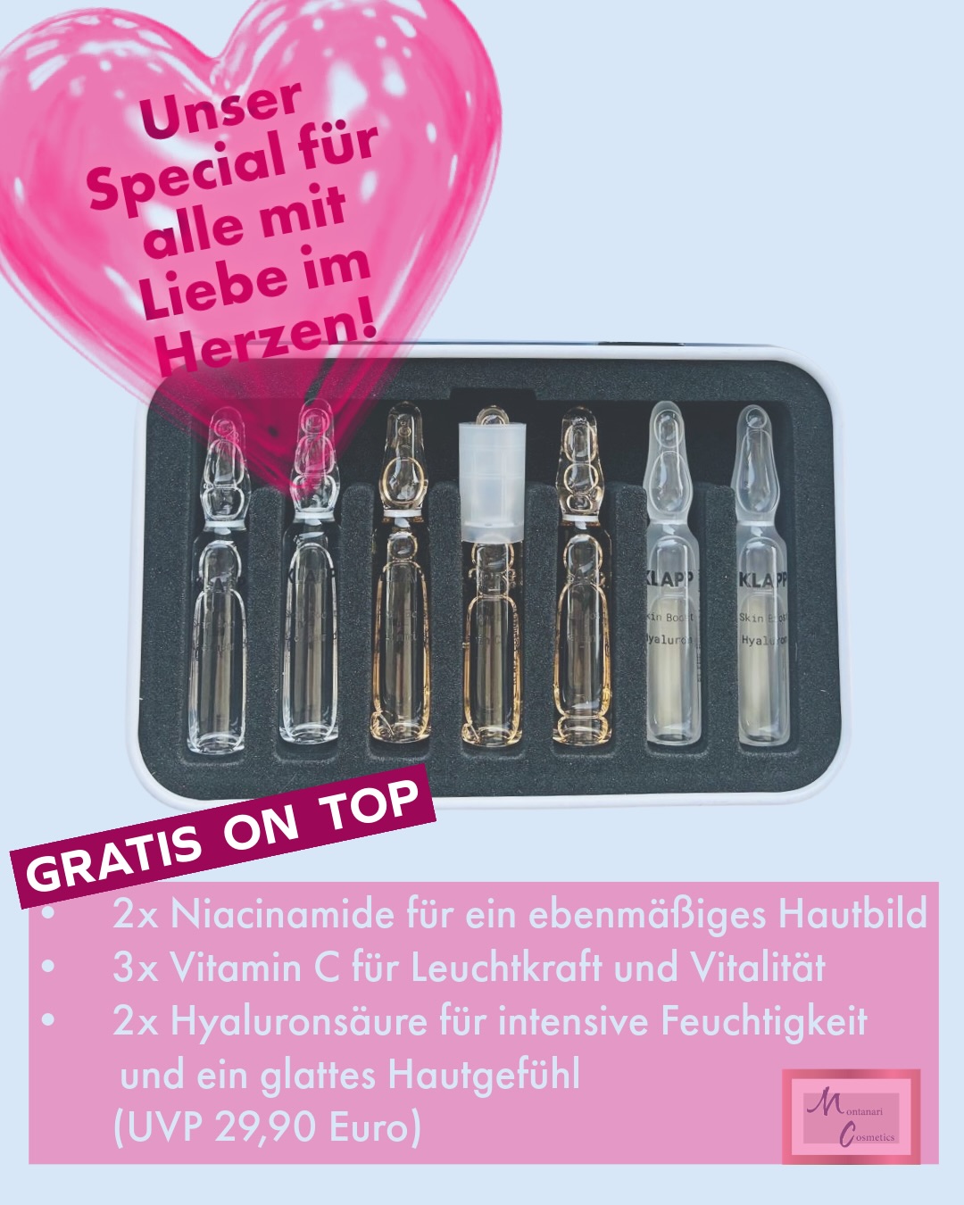 ❤️Unser Valentins-Special für alle!❤️ Egal ob Single, verliebt, verlobt oder verheiratet – mit unserem Valentins Special darf sich jeder selbst oder auch andere verwöhnen. Zu jeder 💆🏽♀️Deluxe Behandlung oder 💆🏼♂️Vital & Relax Behandlung gibt es in der Zeit vom 02.02. – 14.02. bei uns das exklusive ✨Love Glow Ampoule Set✨ von Klapp als Verwöhn Special für zuhause gratis mit dazu. ❤️Deluxe Behandlung inkl. Dekolleté für sie Intensivbehandlung und Verwöhnbehandlung Reinigen, Hautdiagnose, Peeling, Bedampfen, Entfernen von Hautunreinheiten, Augenbrauen formen, Gesicht-, Hals- und Dekolletémassage, Maske, Abschlusspflege 75 MIN 99€ ❤️Vital & Relax Behandlung für ihn Intensivbehandlung und Verwöhnbehandlung Reinigen, Hautdiagnose, Peeling, Bedampfen, Entfernen von Hautunreinheiten, Augenbrauen formen, Gesichtsmassage, Maske, Abschlusspflege 60-70 MIN 99€ ❤️& Love Glow Ampoule Set - Deluxe Edition von Klapp für alle!* Limitierte, exklusive Edition mit 7 hochkonzentrierten Schönheitsboostern in einer edlen Aluminiumbox: 🧴2x Niacinamide für ein ebenmäßiges Hautbild 🍋3x Vitamin C für Leuchtkraft und Vitalität 💦2x Hyaluronsäure für intensive Feuchtigkeit und ein glattes Hautgefühl (UVP 29,90 Euro – kann natürlich auch außerhalb des Specials regulär bei uns gekauft werden) 🗓️Terminvereinbarung über unser Onlinebuchungstool (🔗Link in Bio) oder telefonisch unter ☎️0234 / 53 06 27 18 *nur solange der Vorrat reicht und freie Termine verfügbar #ValentinSpecial #Klapp #MontanariCosmetics