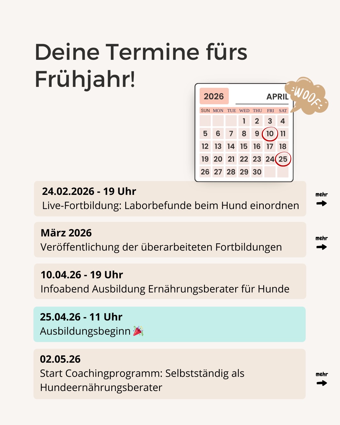 🌱 Deine Termine fürs Frühjahr 2026 stehen fest.
Wenn du dich fachlich weiterentwickeln willst, mit klarer Struktur arbeiten möchtest oder den Schritt in die Selbstständigkeit planst, ist jetzt der richtige Zeitpunkt, dir die wichtigsten Daten zu sichern.
📅 24.02.2026 – kostenlose Live-Fortbildung
Laborbefunde beim Hund sicher einordnen und Fütterung fundiert ableiten.
Ein einmaliger Abendtermin mit viel Praxisbezug.
📚 Ab März 2026
Unsere überarbeiteten Fortbildungen gehen online – mit aktualisierten Inhalten und noch mehr Struktur für deinen Beratungsalltag.
🎓 25.04.2026 – Start der neuen Ausbildungsrunde
Die Ausbildung öffnet wieder. Wenn du dabei sein willst, trag dich jetzt auf die Warteliste ein, damit du alle Infos rechtzeitig bekommst.
🚀 02.05.2026 – Start Coachingprogramm
Für alle, die als Hundeernährungsberater:in in die Selbstständigkeit starten oder ihr Business klarer aufstellen wollen.
💬 Schreib „Termine“ in die Kommentare oder per DM, dann schicken wir dir alle Infos und Links direkt zu.
.
.
#hundeernährung #hundeblog #hundeliebe #hundephysio #hundeernährungsberater