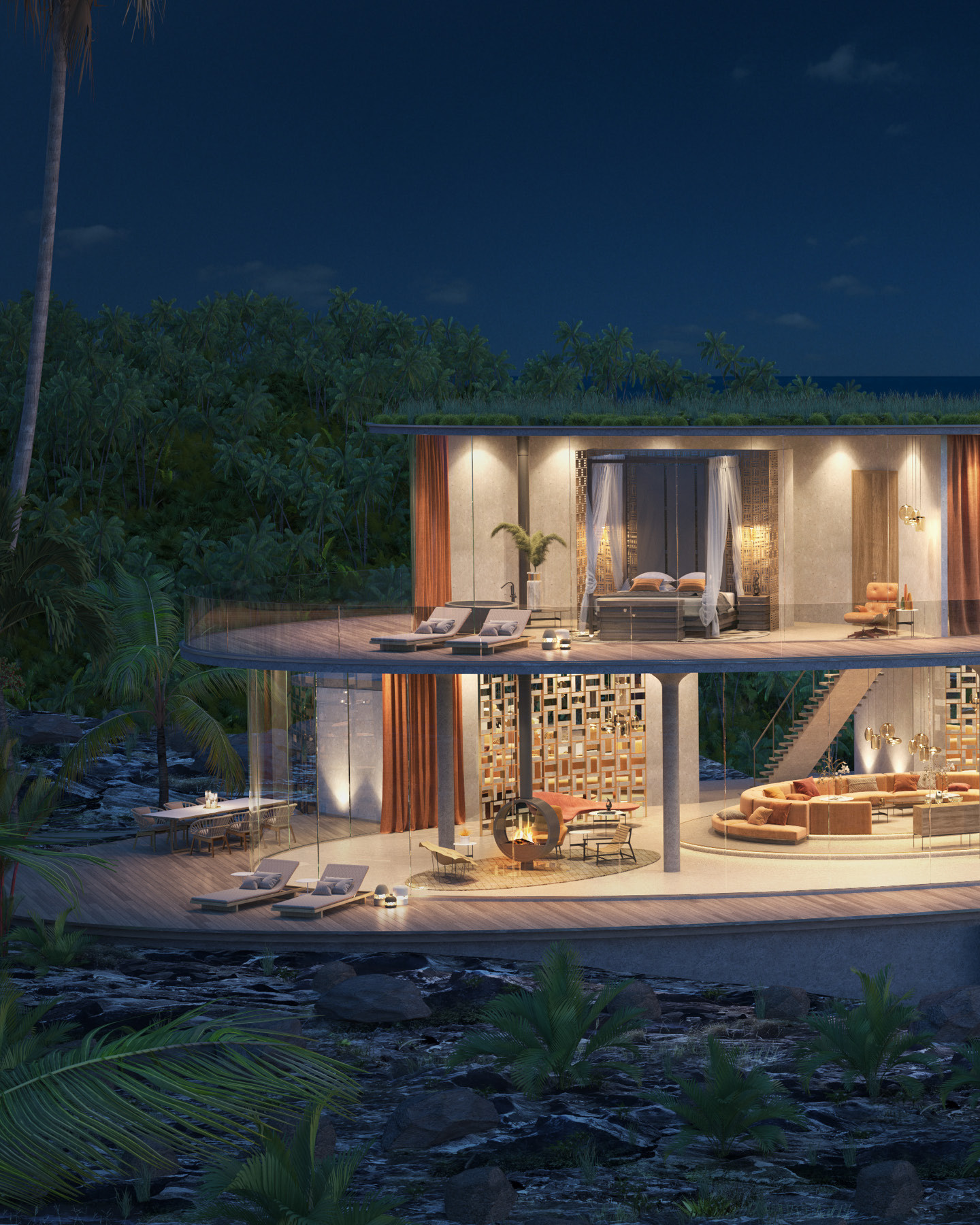 PRIVATE VILLAS RESORT
The concept aims to combine nature and luxury by utilising existing spaces and buildings to create a stylish form of slow travel. The indoor and outdoor spaces merge through themes such as nature, light, shapes and materials that are found and processed locally. Guests can enjoy the flora, fauna and sky in ‘nests’ or relax in sunny spots by the water. All buildings are transparent and intimate, with a focus on natural colours and materials that incorporate international design and craftsmanship.
Design by Kitzig Interior Design
#kitzigdesignstudios #kitziginteriordesign #pureluxury #privateresidences #islandresort #luxuryescape #designconcept #residentialdesign #secretescapes #paradisedesign