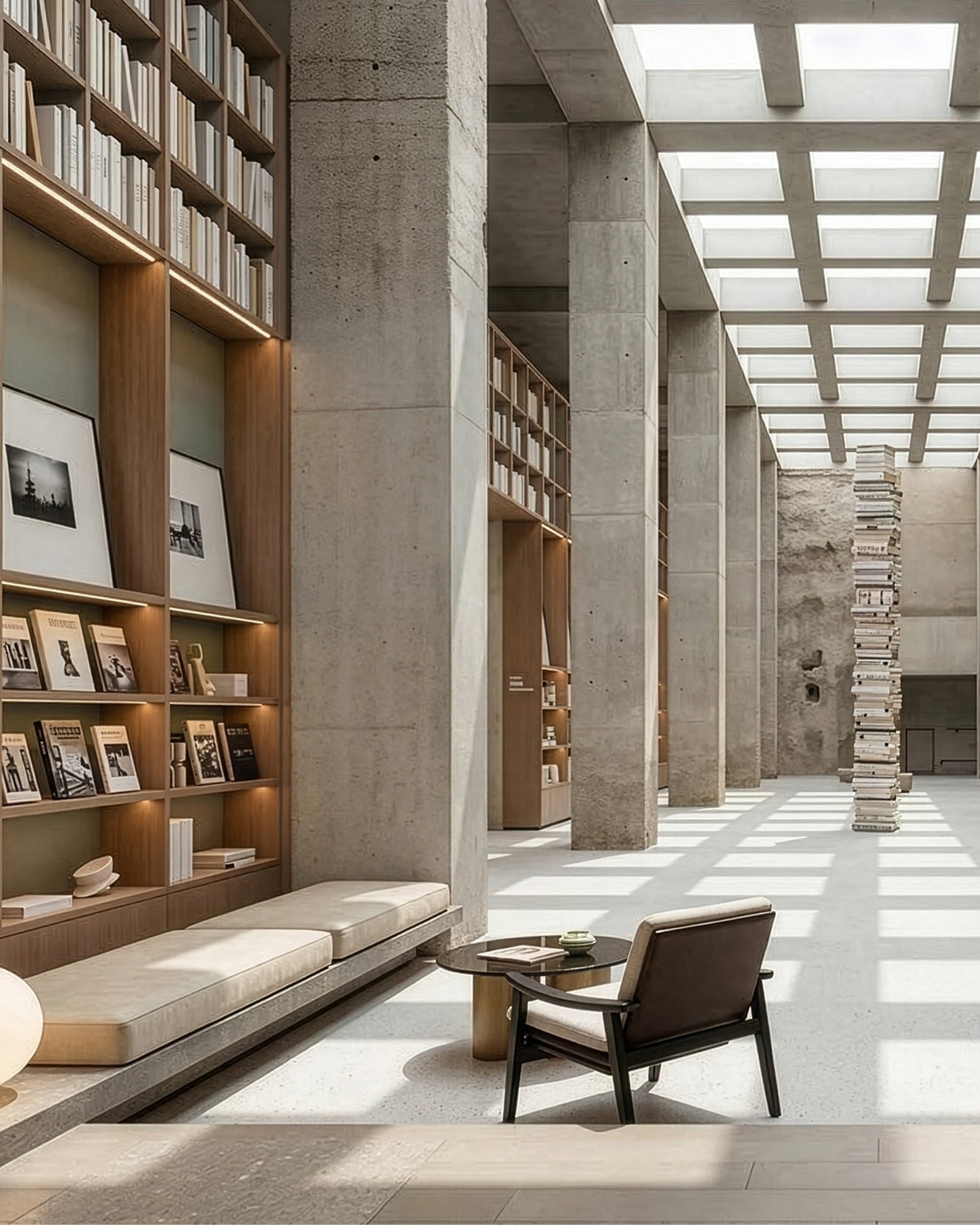 BOOK STORE CONCEPT
The bookshop is conceived as a calm retreat defined by clarity, reduction, and a distinctive quality of light. Exposed concrete walls form a raw, sculptural shell, into which precisely crafted wooden elements are integrated. Their warm materiality creates a deliberate contrast while also functioning as shelving and seating.
#kitzigdesignstudios #kitziginteriordesign #interiordesign #designconcept #interiorstyling #retaildesign #shopinterior #moderninterior #interiorarchitecture #shopdesign #librarydesign #bookstoredesign #bookshopdesign