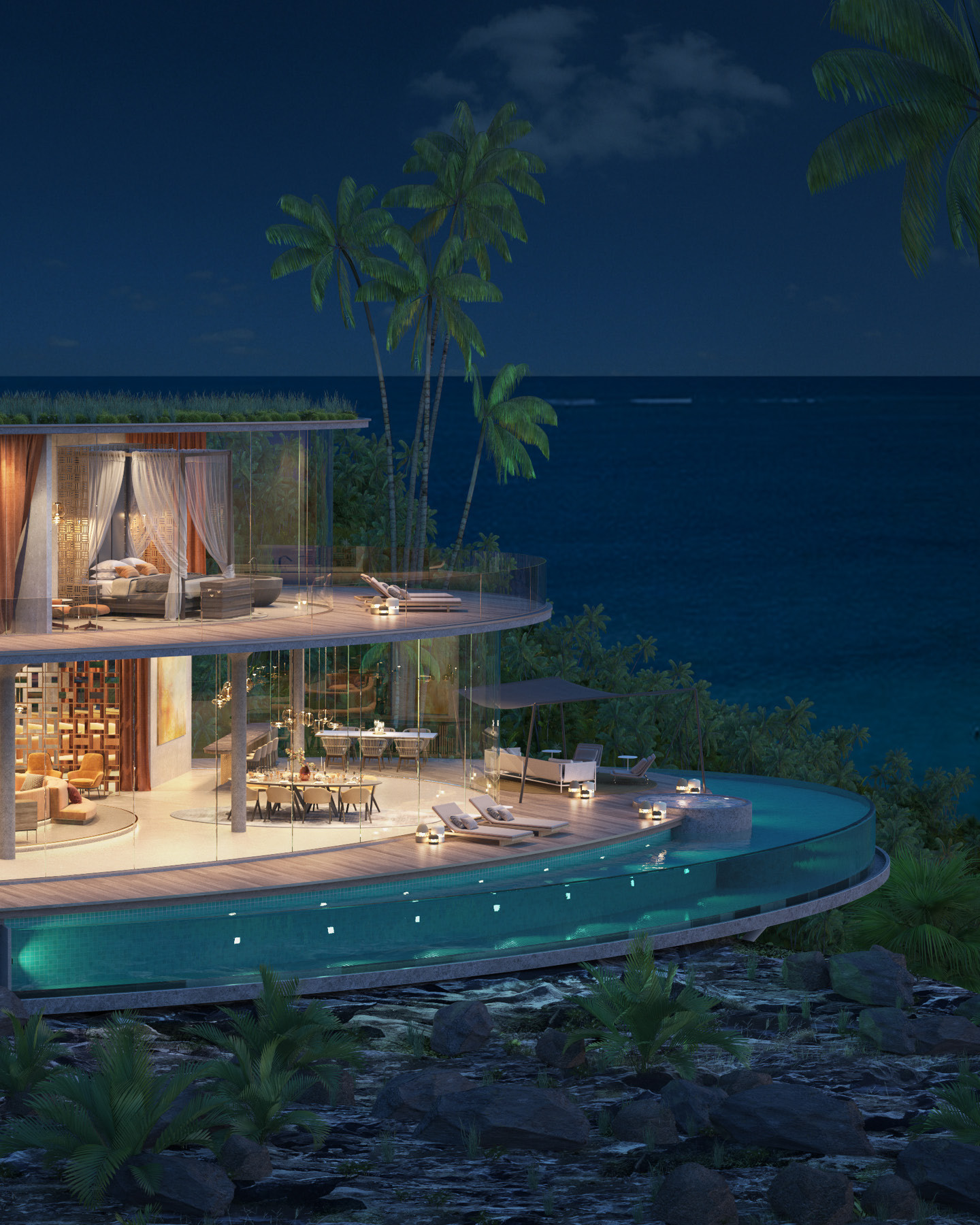 PRIVATE VILLAS RESORT
The concept aims to combine nature and luxury by utilising existing spaces and buildings to create a stylish form of slow travel. The indoor and outdoor spaces merge through themes such as nature, light, shapes and materials that are found and processed locally. Guests can enjoy the flora, fauna and sky in ‘nests’ or relax in sunny spots by the water. All buildings are transparent and intimate, with a focus on natural colours and materials that incorporate international design and craftsmanship.
Design by Kitzig Interior Design
#kitzigdesignstudios #kitziginteriordesign #pureluxury #privateresidences #islandresort #luxuryescape #designconcept #residentialdesign #secretescapes #paradisedesign