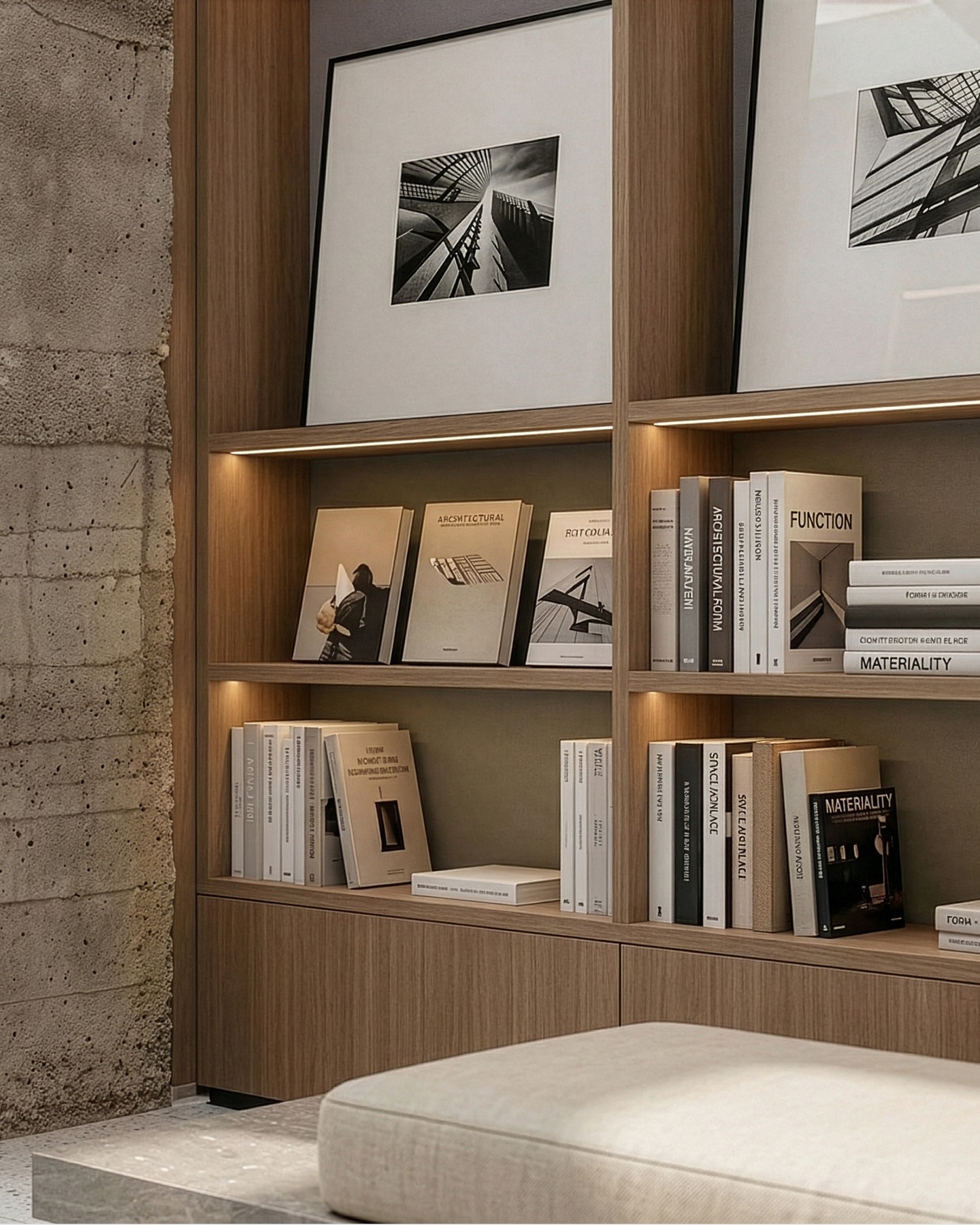 BOOK STORE CONCEPT
The bookshop is conceived as a calm retreat defined by clarity, reduction, and a distinctive quality of light. Exposed concrete walls form a raw, sculptural shell, into which precisely crafted wooden elements are integrated. Their warm materiality creates a deliberate contrast while also functioning as shelving and seating.
#kitzigdesignstudios #kitziginteriordesign #interiordesign #designconcept #interiorstyling #retaildesign #shopinterior #moderninterior #interiorarchitecture #shopdesign #librarydesign #bookstoredesign #bookshopdesign