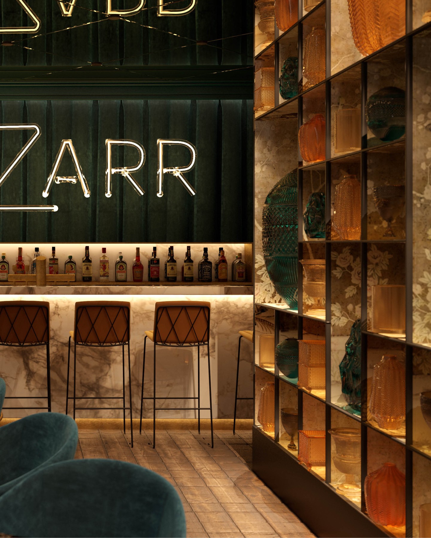Bar Bizarr represents a world of elegance and pleasure in combination with an enticing, mysterious atmosphere. Features such as indirect lighting, mirrors under the ceiling and dark colours underline the sensual, opulent mood.
Design and 3D Visualisation by Kitzig Interior Design
#kitzigdesignstudios #interior #interiordesign #restaurantdesign #bar #bardesign #design #interiorarchitecture #architecture