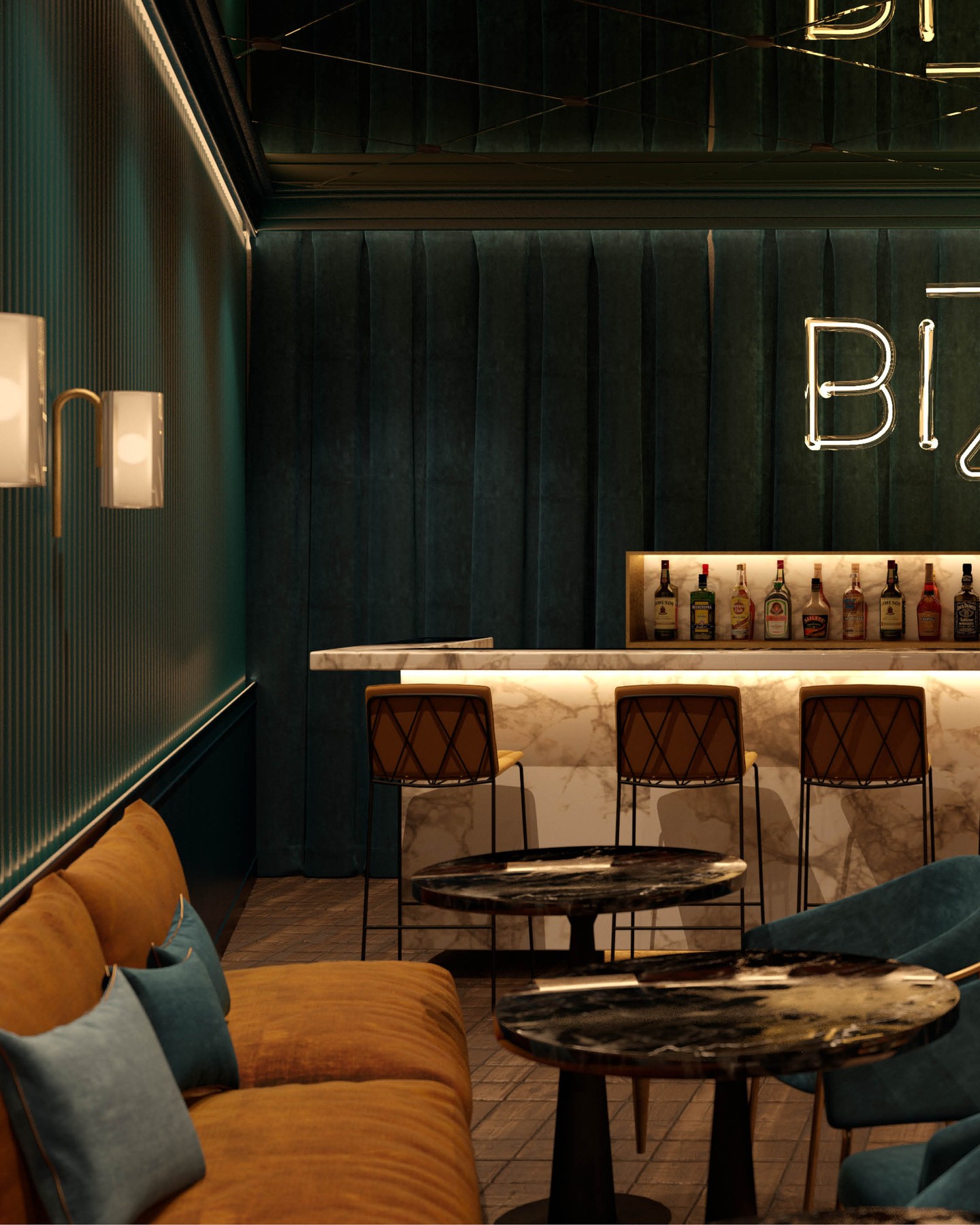 Bar Bizarr represents a world of elegance and pleasure in combination with an enticing, mysterious atmosphere. Features such as indirect lighting, mirrors under the ceiling and dark colours underline the sensual, opulent mood.
Design and 3D Visualisation by Kitzig Interior Design
#kitzigdesignstudios #interior #interiordesign #restaurantdesign #bar #bardesign #design #interiorarchitecture #architecture