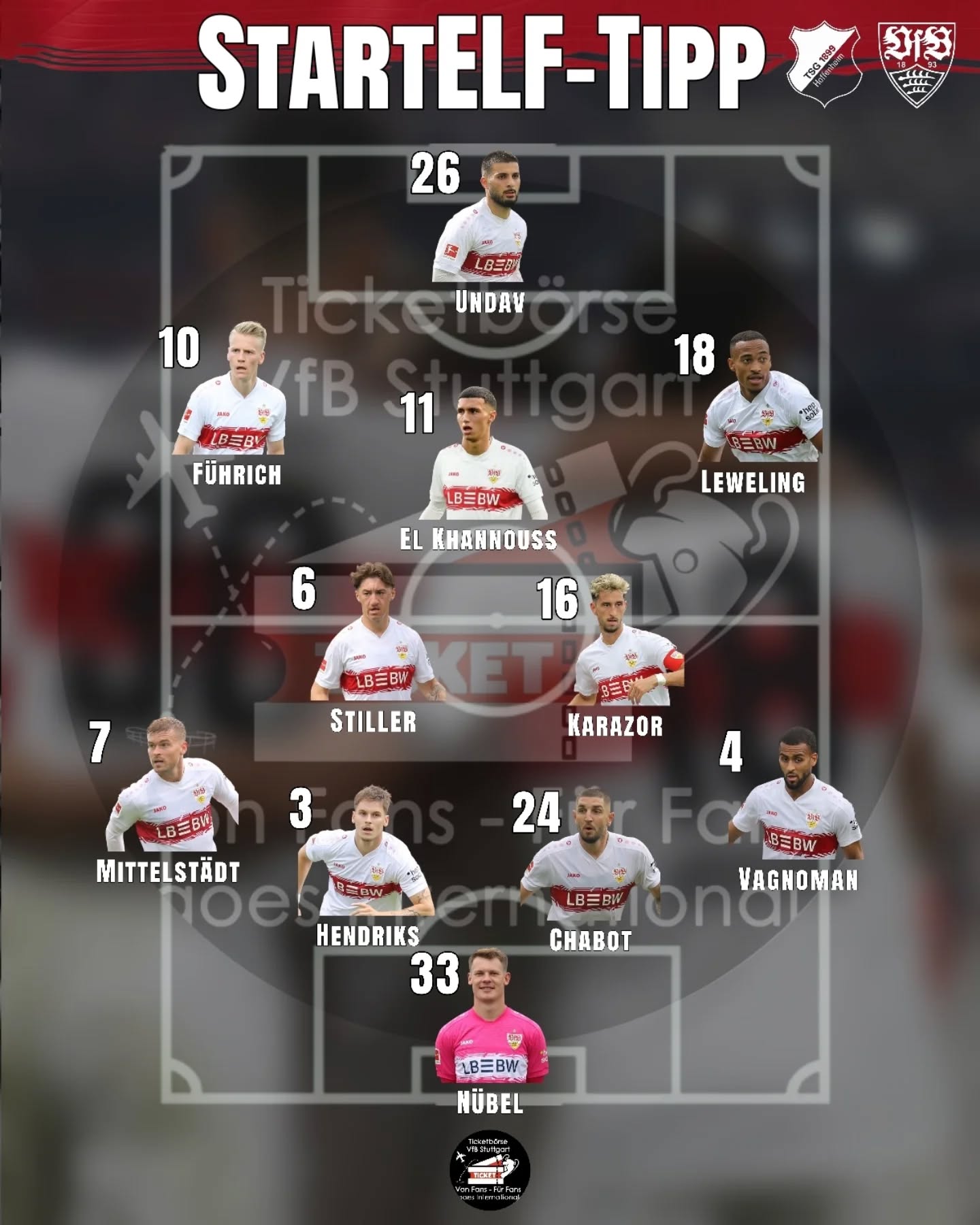 Der Startelf Tipp gegen Hoffenheim von @vfbexklusiv Bild 1 und @ticketboerse_vfb_stuttgart Bild 2. Wie seht ihr die Startelf am Samstag? Eine der beiden Varianten oder ganz anders?