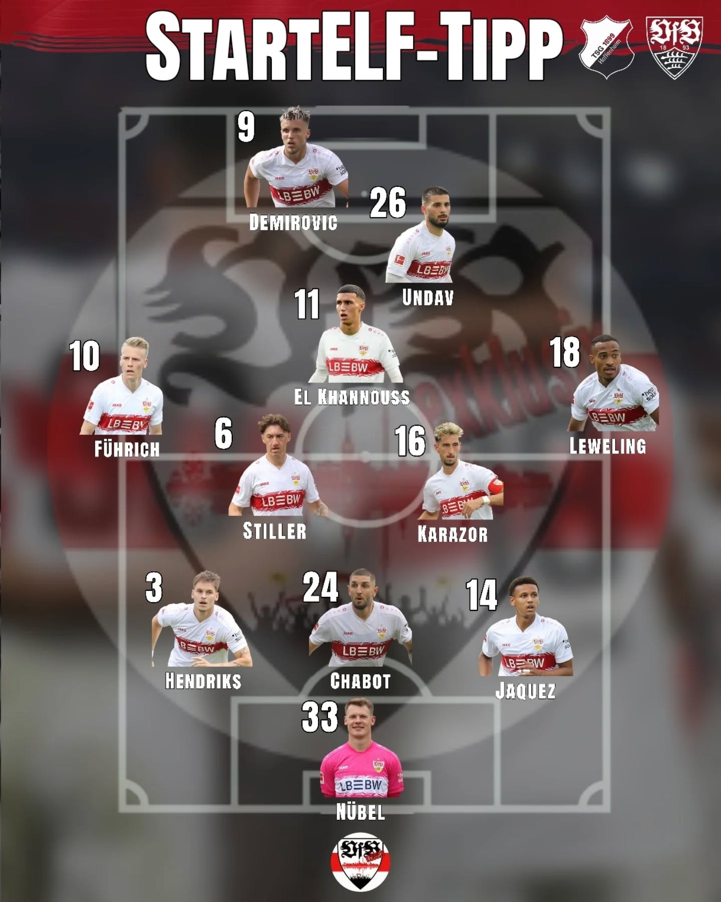 Der Startelf Tipp gegen Hoffenheim von @vfbexklusiv Bild 1 und @ticketboerse_vfb_stuttgart Bild 2. Wie seht ihr die Startelf am Samstag? Eine der beiden Varianten oder ganz anders?