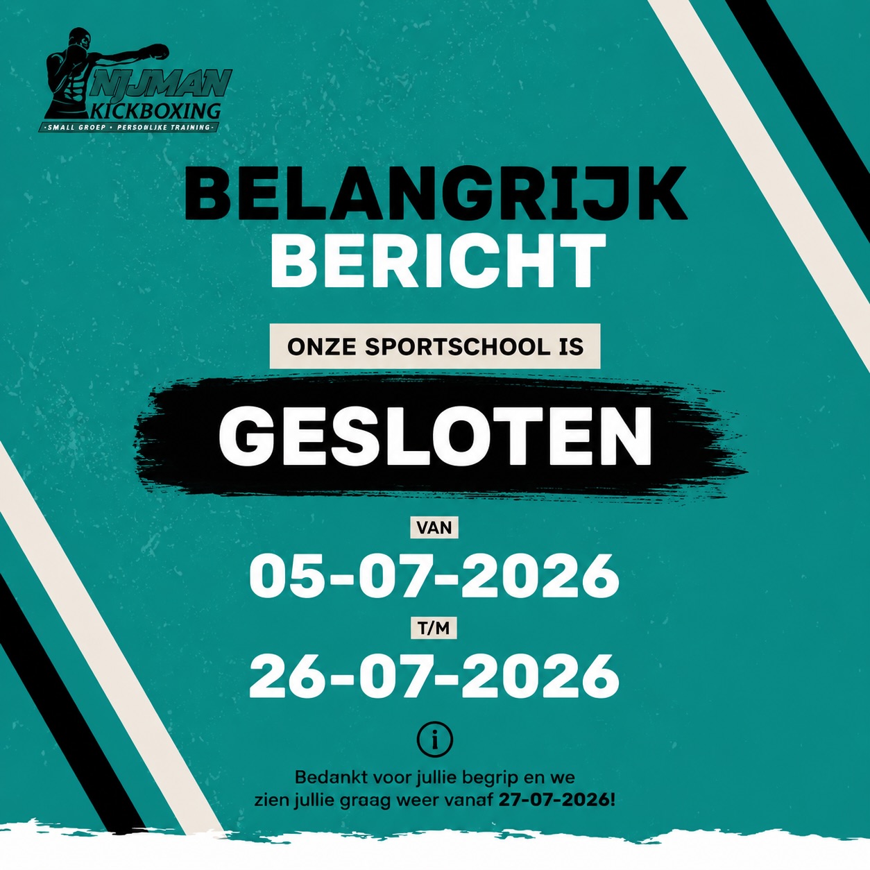 π’ BELANGRIJK BERICHT π₯
Onze sportschool is gesloten van 5 juli 2026 t/m 26 juli 2026.
We nemen even de tijd om op te laden, zodat we daarna weer met volle energie terug kunnen komen πͺπ₯
Bedankt voor jullie begrip en support.
Vanaf 27 juli 2026 staan we weer klaar om samen keihard te trainen! π
#NijmanKickboxing #Kickboksen #Hardenberg #Sportschool #MartialArts KickboxingLife TrainHard Sporten Fitness Groepslessen Zomervakantie TotSnel EvenOpladen FighterMindset GymLife