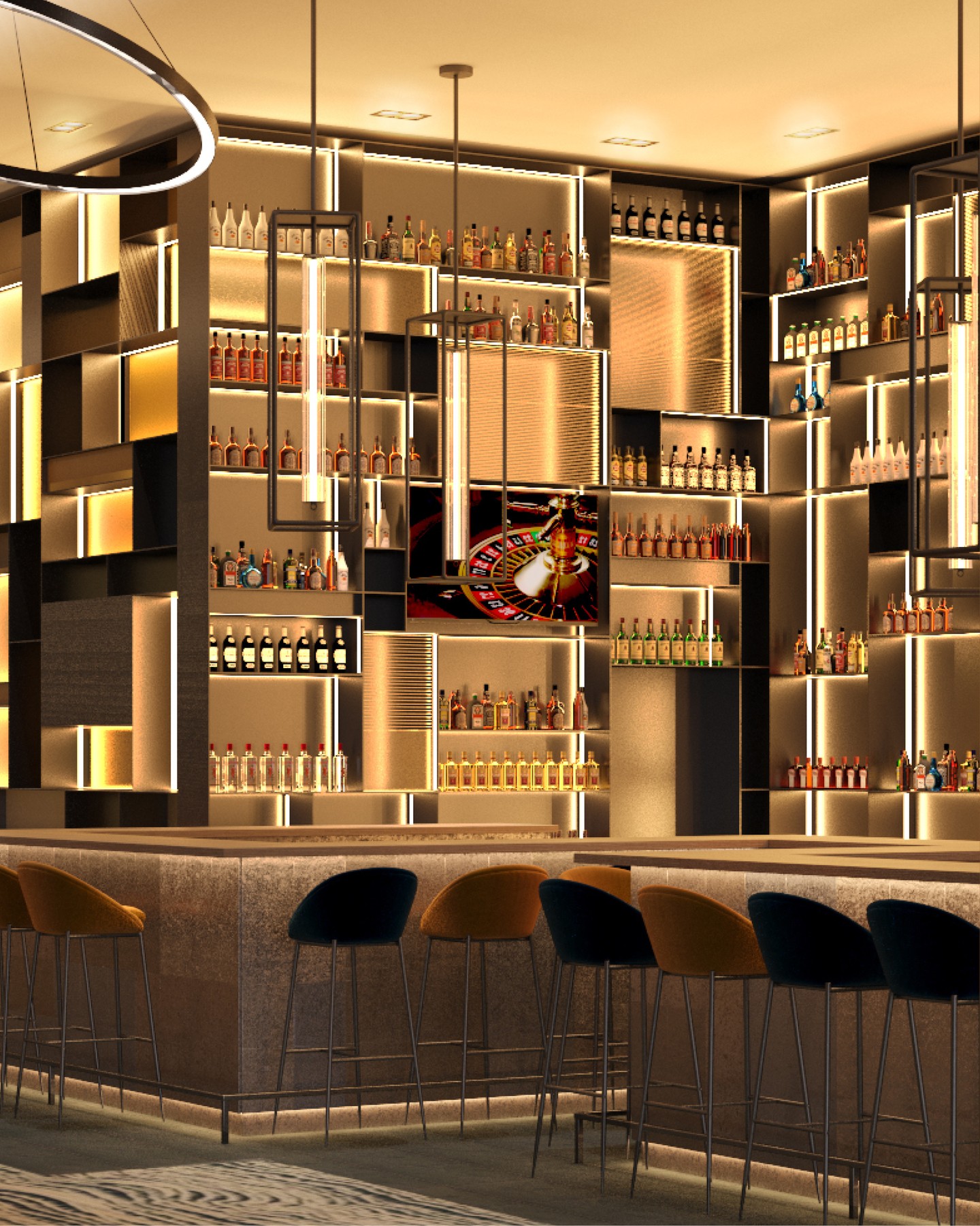 Bar Design
This concept shows a high-quality bar with a unique, dynamic atmosphere, which is created mainly by the intense light installation.
#kitzigdesignstudios #kitziginteriordesign #interiordesign #interior #bar #design #light #bardesign #gold #designbeyondboundaries