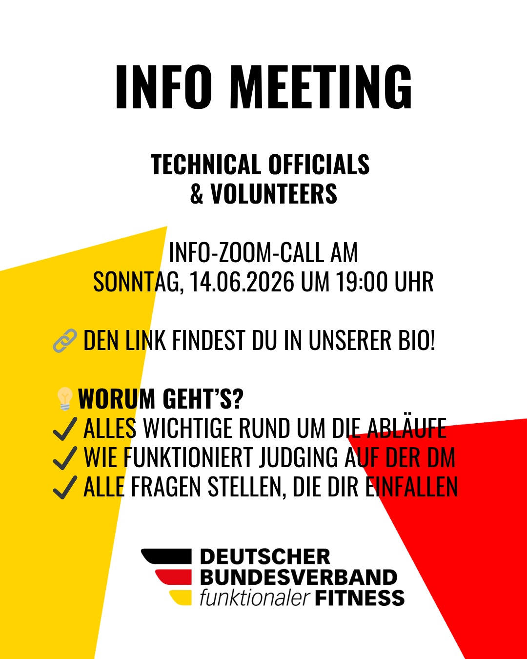 🏁 Let’s go, Volunteers! 🏁
Für die Deutsche Meisterschaft 2026 (26.–28. Juni & 03.–05. Juli 2026 in Düsseldorf) suchen wir noch Volunteers & Technical Officials, die Teil eines starken Volunteer-Teams werden wollen. 💥
💡 Du bist schon angemeldet? Oder willst wissen, was dich erwartet? Oder bist noch unsicher, ob das was für dich ist?
Dann komm zu unserem Info-Zoom-Call am Sonntag, den 14.06.2026 um 19:00 Uhr, ganz unverbindlich und ohne Anmeldung.
🔗 Den Link findest du in unserer Bio
👉 Stell deine Fragen und schnapp dir schon mal ein Gefühl für die DM.
Sei dabei, wir freuen uns auf dich ❤️
#DM2026 #VolunteersWanted #TechnicalOfficials #JudgingCrew #TeamSpirit #WirSehenUns