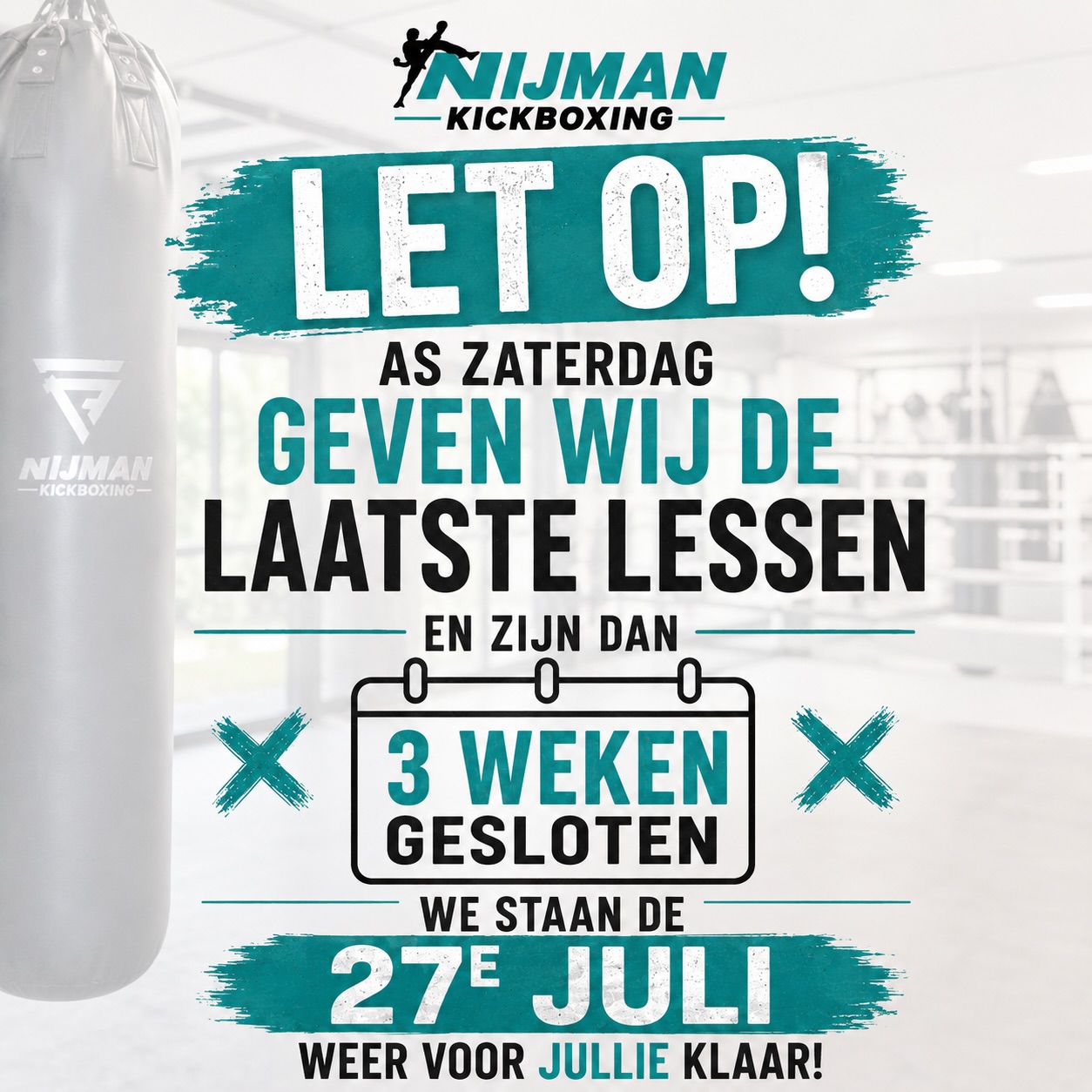 π₯ LET OP! π₯
Aanstaande zaterdag geven wij onze laatste lessen voordat we genieten van een korte zomerstop.
π
Daarna zijn wij 3 weken gesloten.
π₯ Vanaf 27 juli staan we weer vol energie voor jullie klaar om samen te trainen!
Bedankt voor jullie inzet en enthousiasme het afgelopen seizoen. Geniet van de vakantie en we zien jullie snel weer terug in de gym! ππ₯
#NijmanKickboxing #hardenberg MartialArts Vechtsport KickboxingLife TeamNijman TrainHard FightFamily SummerBreak GymLife CombatSports FitNederland JeugdSport Sporten WorkoutMotivation KickboxingTraining