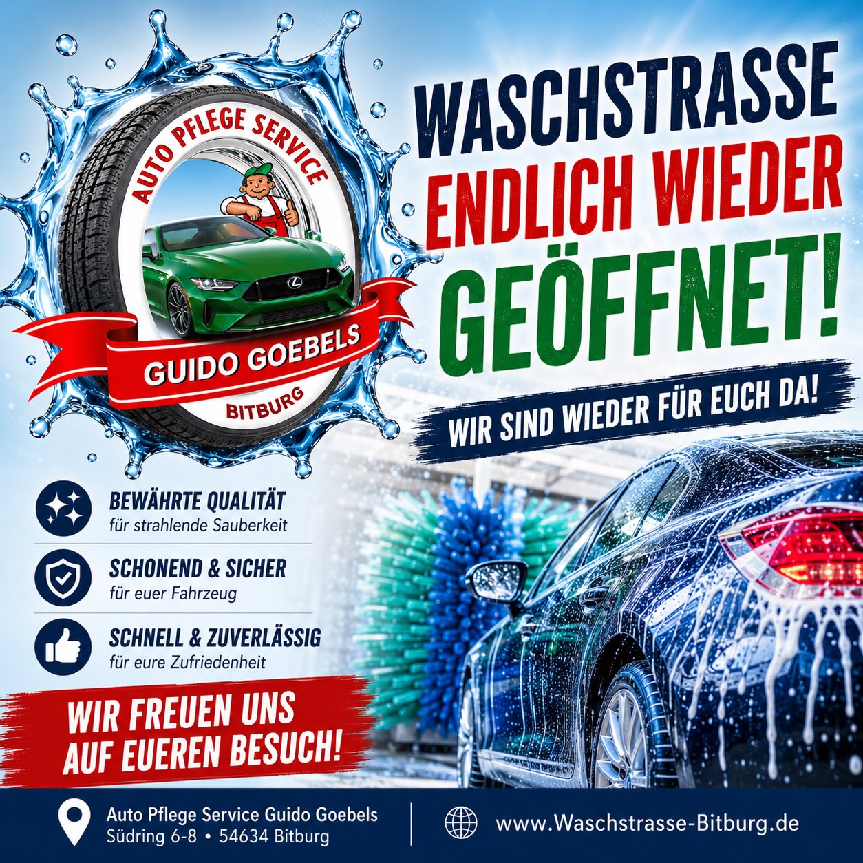 🚗💦 ENDLICH – WIR SIND WIEDER FÜR EUCH DA! 💦🚗
Unsere Waschstraße ist ab sofort wieder geöffnet! 🎉🥳
Nach der längeren Reparaturzeit freuen wir uns riesig, endlich wieder eure Fahrzeuge zum Strahlen bringen zu dürfen. ✨🚘
Ein großes DANKESCHÖN für eure Geduld, euer Verständnis und die vielen lieben Nachfragen in den letzten Wochen! 🙏🏻❤️
Wir freuen uns auf euch und euren Besuch! 😊
Familie Goebels #WaschstraßeBitburg #Bitburg #Autowäsche #Waschstraße #endlichwiedergeöffnet