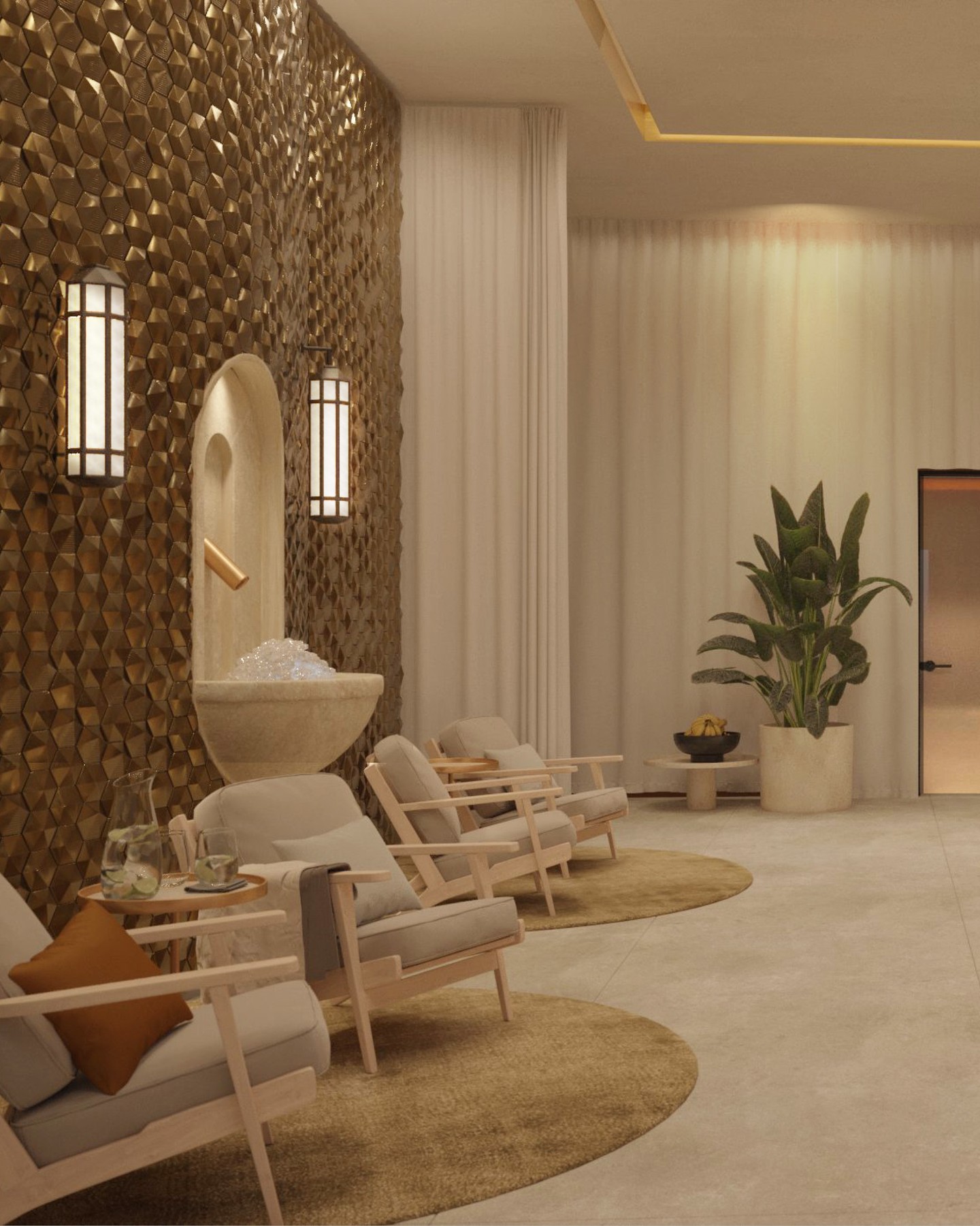 Pure relaxation in the SPA area of the oriental-inspired resort. The design blends harmoniously with the ambience of natural stone, wood and golden accents and offers treatment rooms, pool, sauna and relaxation zones.
Design Concept by Kitzig Interior Design
#kitzigdesignstudios #kitziginteriordesign #interior #interiordesign #spa #wellnessarea #wellness #resortwellness #design #designconcept #redsea #egypt