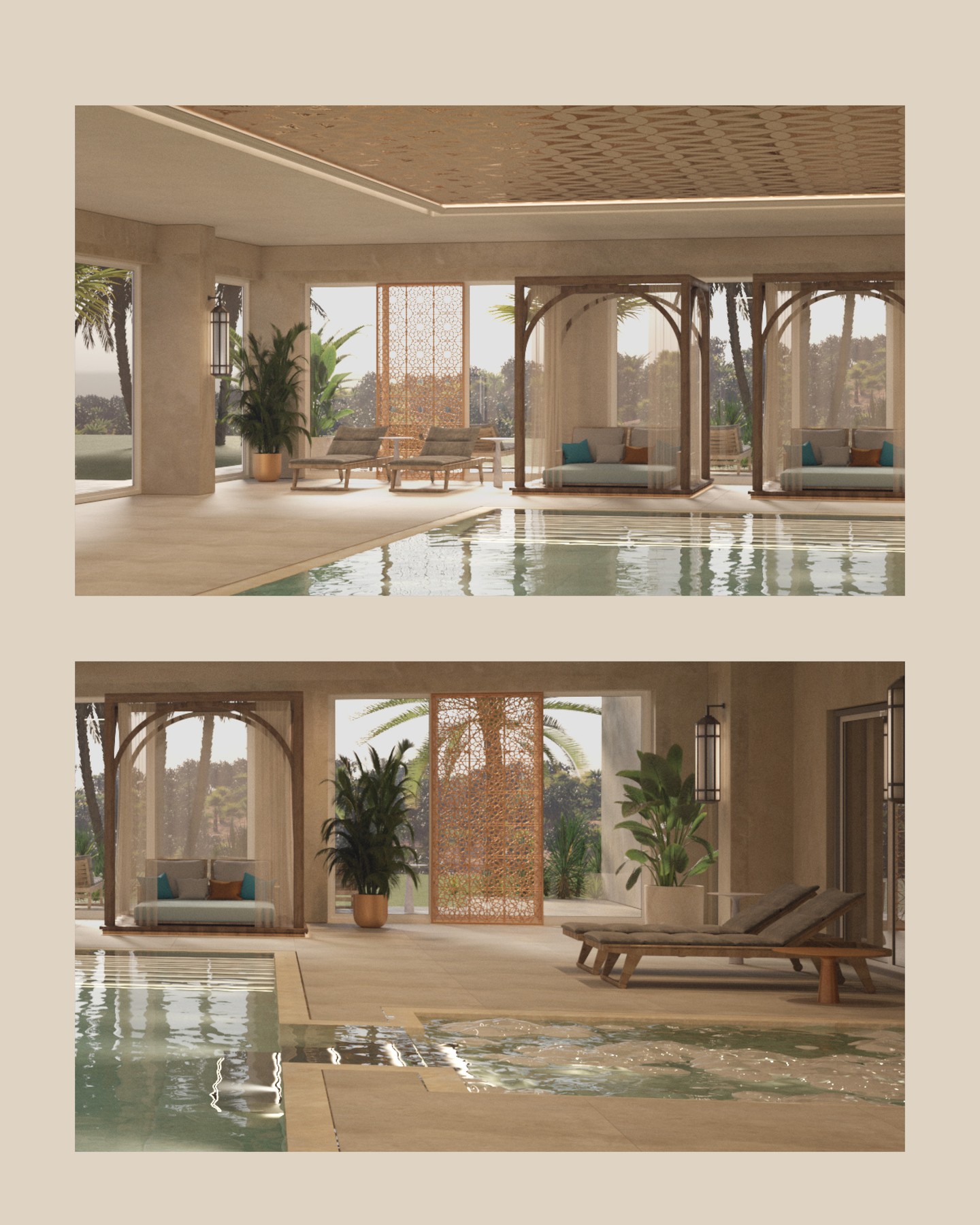 Pure relaxation in the SPA area of the oriental-inspired resort. The design blends harmoniously with the ambience of natural stone, wood and golden accents and offers treatment rooms, pool, sauna and relaxation zones.
Design Concept by Kitzig Interior Design
#kitzigdesignstudios #kitziginteriordesign #interior #interiordesign #spa #wellnessarea #wellness #resortwellness #design #designconcept #redsea #egypt