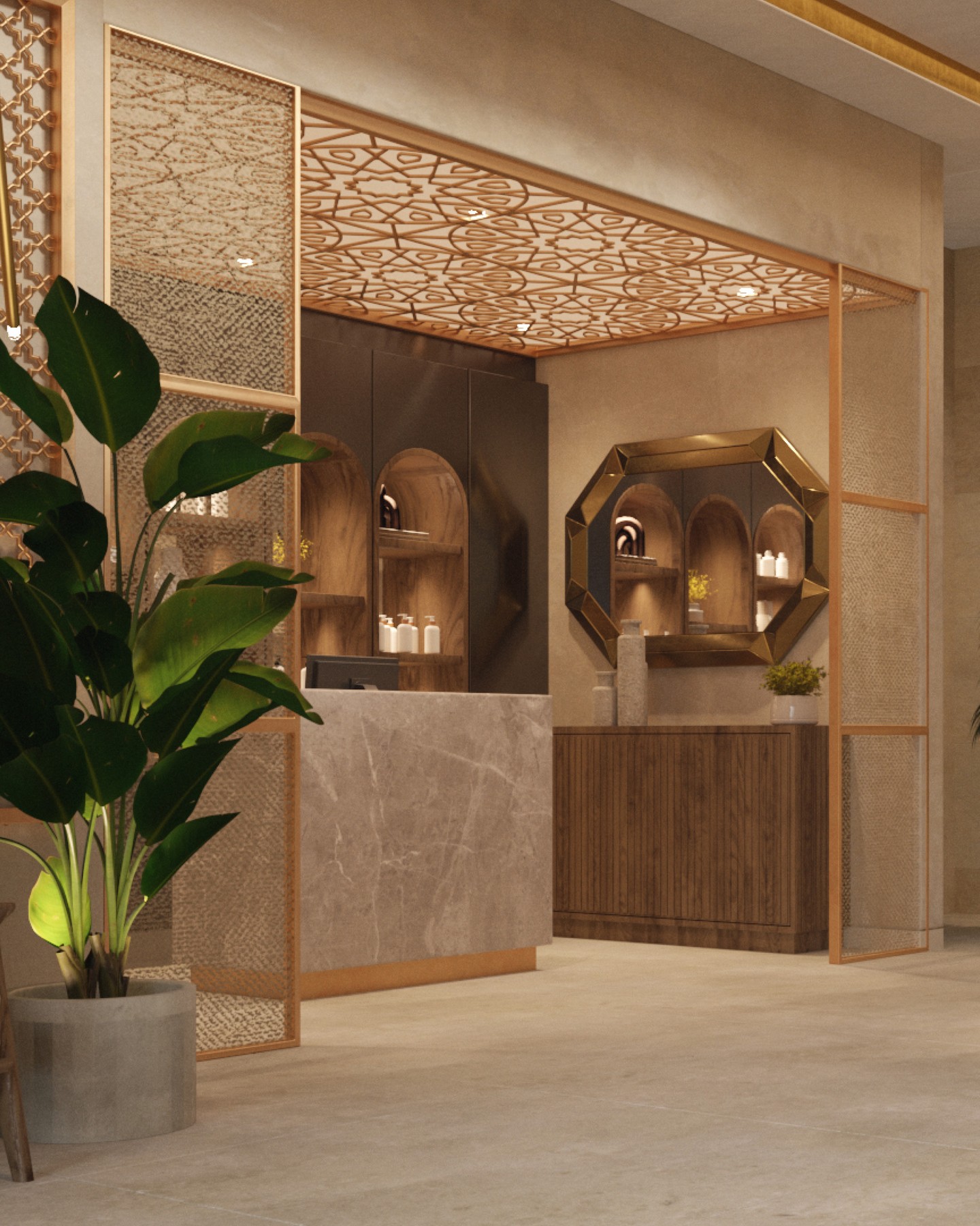 Pure relaxation in the SPA area of the oriental-inspired resort. The design blends harmoniously with the ambience of natural stone, wood and golden accents and offers treatment rooms, pool, sauna and relaxation zones.
Design Concept by Kitzig Interior Design
#kitzigdesignstudios #kitziginteriordesign #interior #interiordesign #spa #wellnessarea #wellness #resortwellness #design #designconcept #redsea #egypt