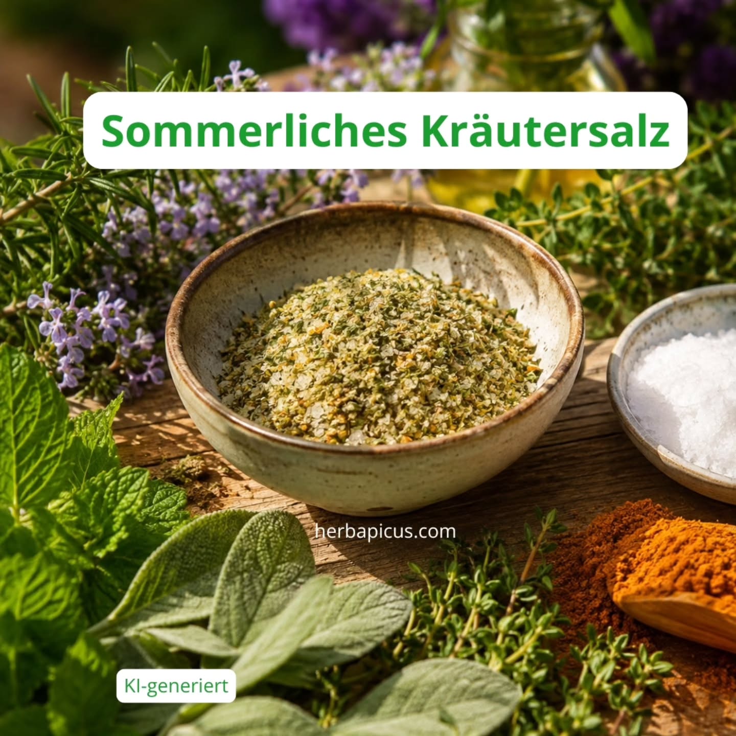 Schnelles Rezept für ein sommerliches Kräutersalz 🧂
Hier wird die mediterrane Würze von Rosmarin, Thymian und Bohnenkraut mit der erfrischenden Minze, dem erdigen Salbei, einer feinen Salznote und dem sonnigen, goldgelben Kurkuma vereint 😍
Zutaten
🌿 Rosmarin: 1 TL (getrocknet gemahlen
🌿 Thymian: 2 TL (getrocknet)
🌿 Bohnenkraut: 2 TL (getrocknet)
🌿 Salbei: 1 TL (getrocknet)
🌿 Minze: 2 TL (getrocknet)
🌿 Meersalz: 4 EL
🌿 Kurkuma: 1/2 TL
Zubereitung
🥣 Alle getrockneten Kräuter im Mörser fein mahlen.
🧂 Das Meersalz und den Kurkuma dazugeben.
🥣 Alles in einer kleinen Schüssel gut vermengen.
🫙 In ein sauberes, schliessbares Glas füllen.
🧊 Kühl und trocken lagern.
Verwendung und Tipps
🫕 Perfekt zum Würzen von gegrilltem Gemüse, Tofu oder hellem Fleisch.
🏺 Passt wunderbar in sommerliche Marinaden mit etwas Olivenöl und Zitronensaft.
🥗 Lecker in Salatsaucen.
⚠️ Kurkuma färbt intensiv ab.
#kraeutersalzselbermachen #thymian #bohnenkraut #salbei #minze
Foto: KI-generiert
Rezeptidee: HERBA PICUS