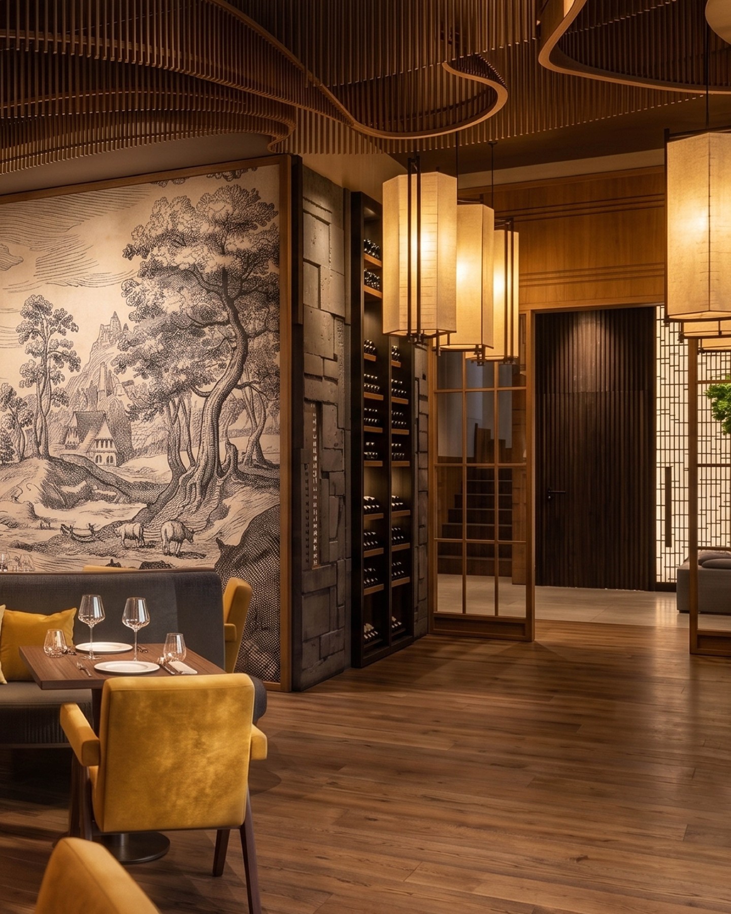 Japanese Restaurant Bavaria
This fine dining restaurant makes it possible to immerse yourself, both with regard to the atmosphere and in culinary terms, in the Far East right in the middle of Bavaria. The defining materials are natural stone and wood; they link the Asian to the Bavarian surroundings.
#KitzigStudios #KitzigIdentities #Restaurant #Interiordesign