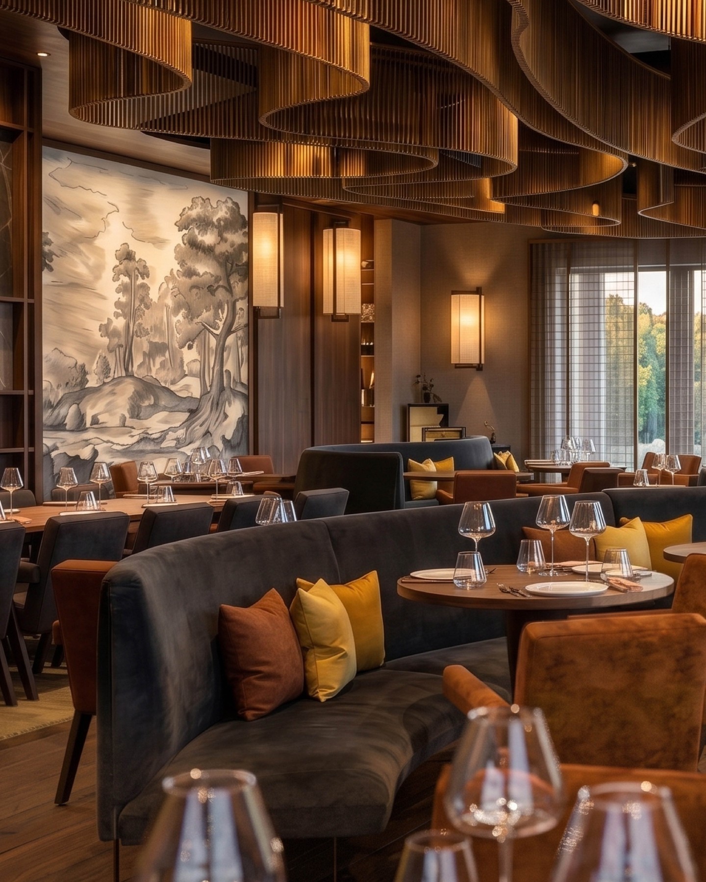 Japanese Restaurant Bavaria
This fine dining restaurant makes it possible to immerse yourself, both with regard to the atmosphere and in culinary terms, in the Far East right in the middle of Bavaria. The defining materials are natural stone and wood; they link the Asian to the Bavarian surroundings.
#KitzigStudios #KitzigIdentities #Restaurant #Interiordesign