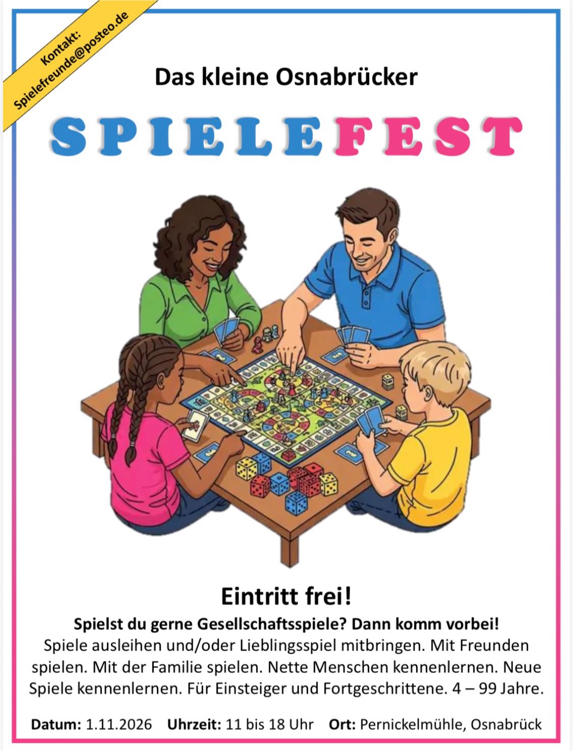 Du spielst gerne und hast Lust auf neue Menschen, ausgefallene Spiele und Spaß in netter Atmosphäre? Dann komm‘ zum kleinen Osnabrücker Spielefest, ausgerichtet von der Domgemeinde St. Petrus.